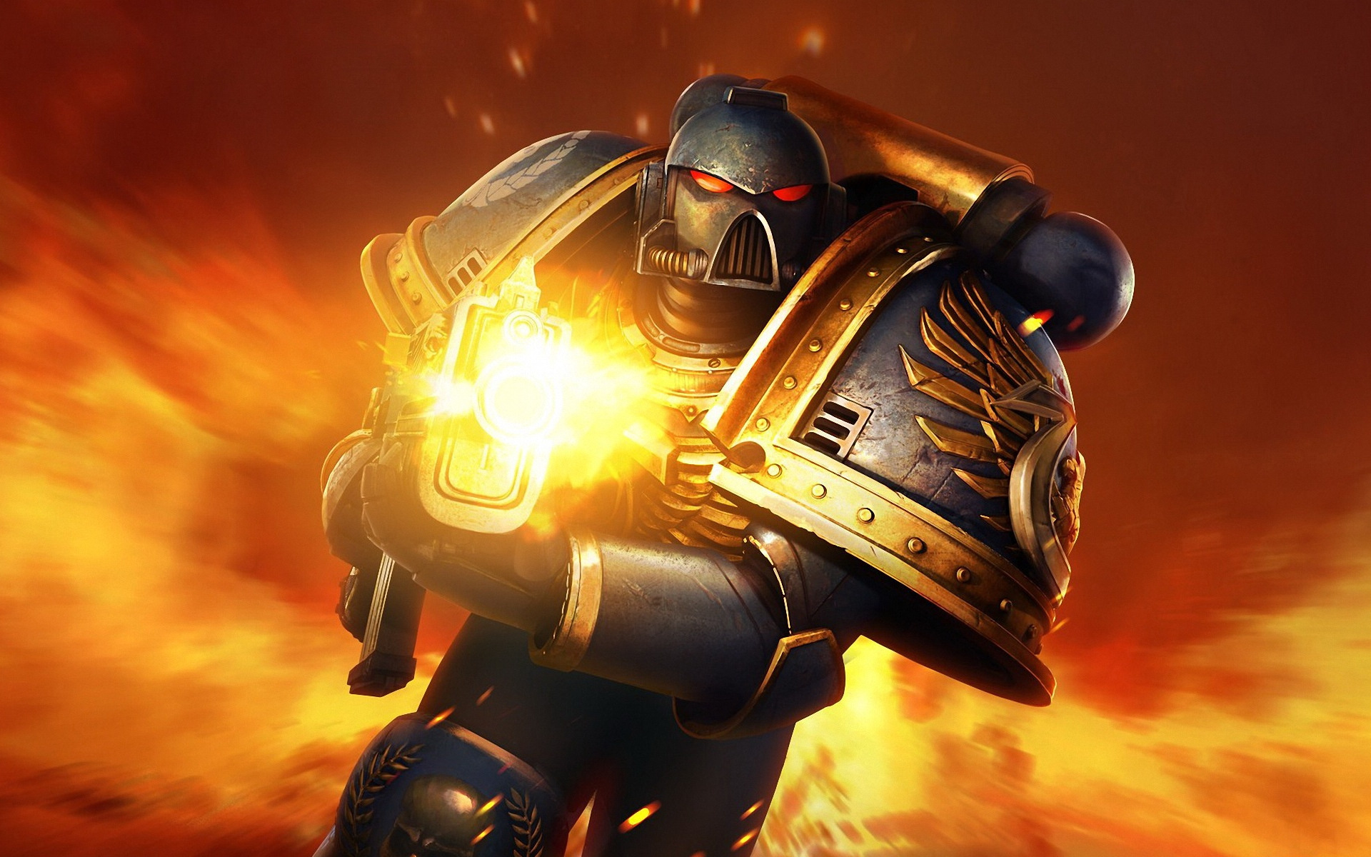 Warhammer 40,000 Space Marine, Firing Bolter weapon, Fiery battlefield explosion, HD Desktop wallpaper