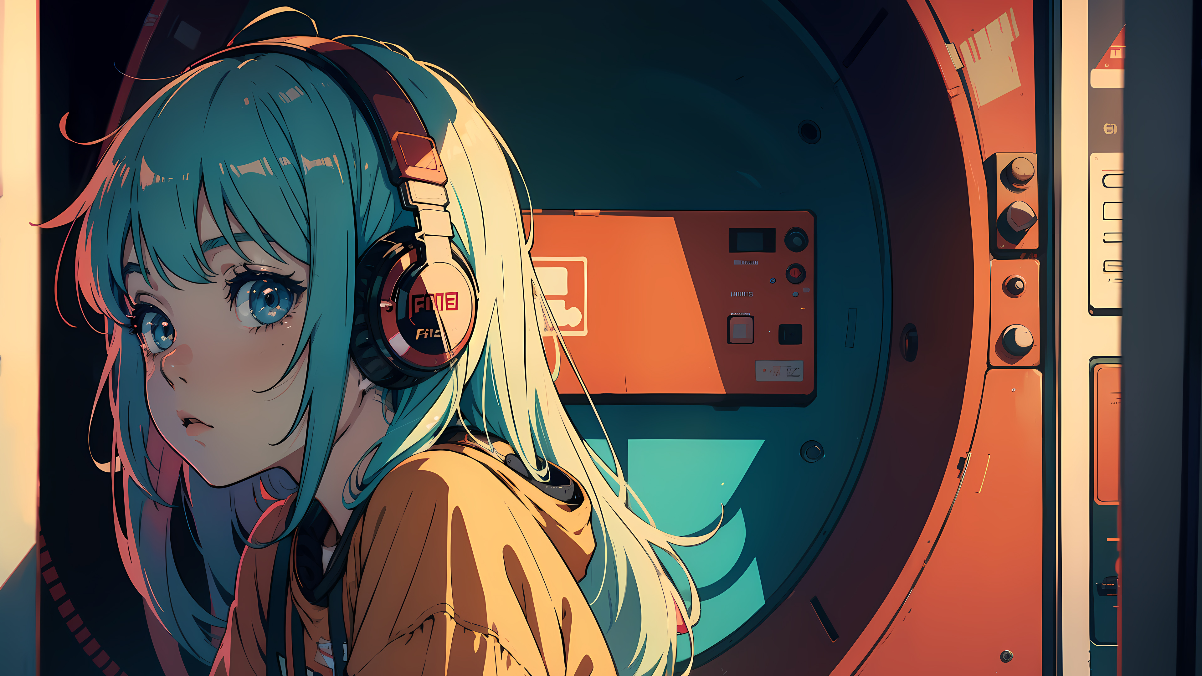 Anime girl in headphones, Retro-futuristic interior, Round porthole window, 4K Desktop wallpaper