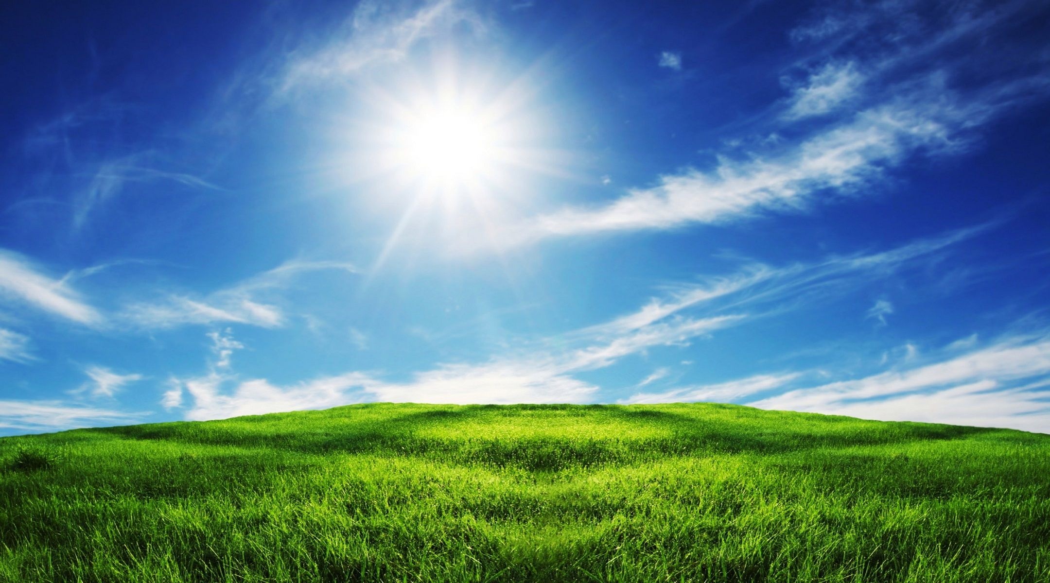 Bright shining sun, Lush green grass hill, Wispy cirrus clouds, HD Desktop wallpaper