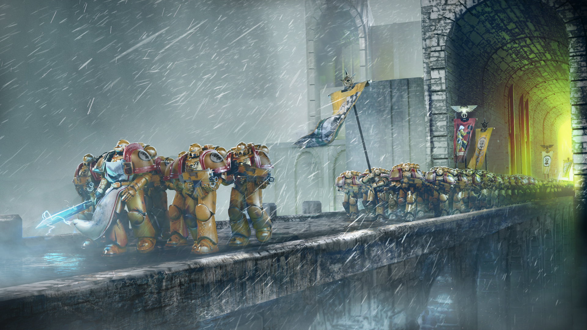 Imperial Fists Space Marines, Glowing power sword, Rain-swept stone bridge, Full HD Desktop wallpaper