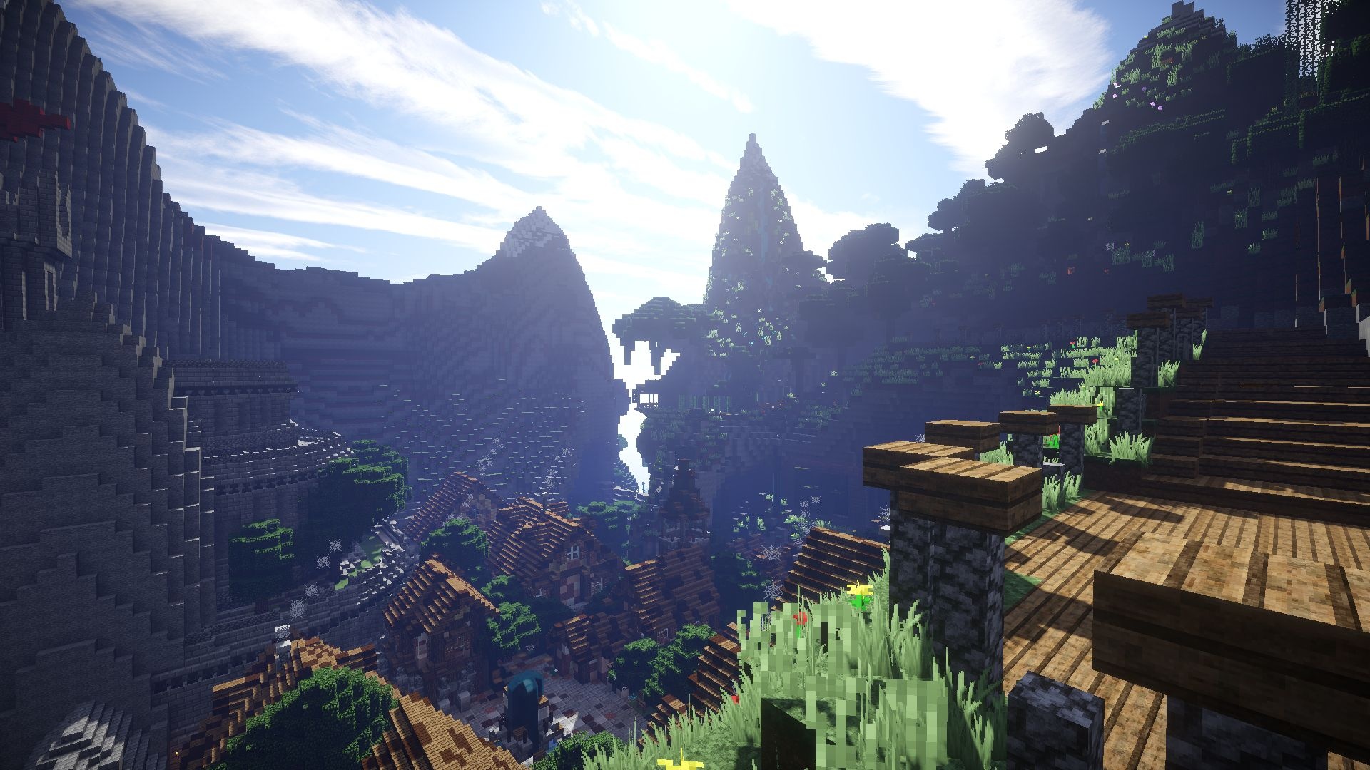 Minecraft medieval valley village, wooden plank overlook railing, steep voxel mountain peaks, Full HD Desktop wallpaper