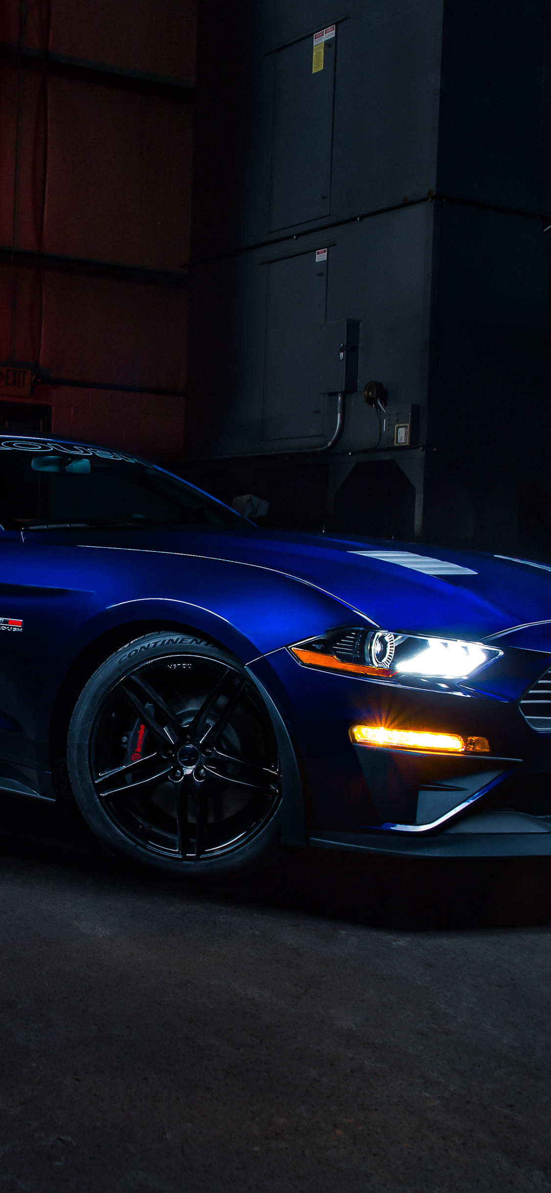 Roush Ford Mustang, illuminated LED headlight, dark industrial warehouse, HD Phone wallpaper