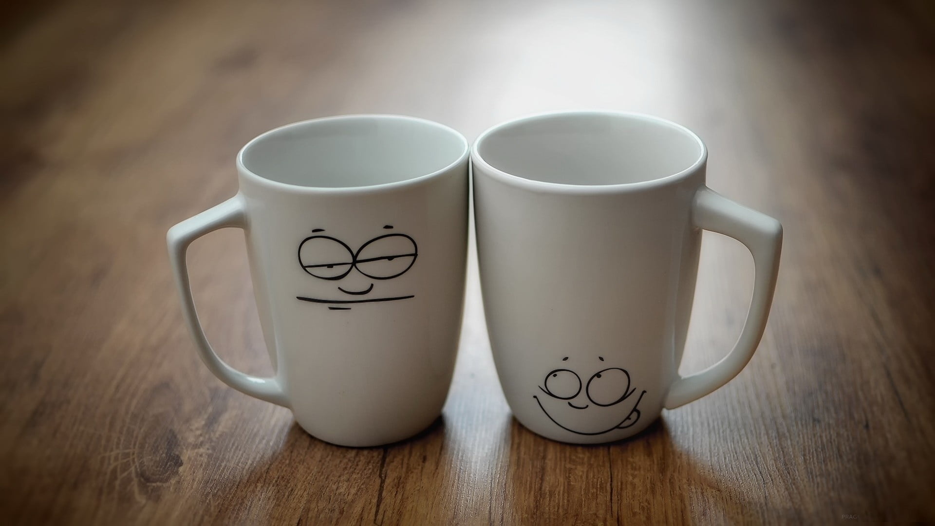 Two cups of coffee, Saucers, Wooden tabletop, 1920x1080 Full HD Desktop