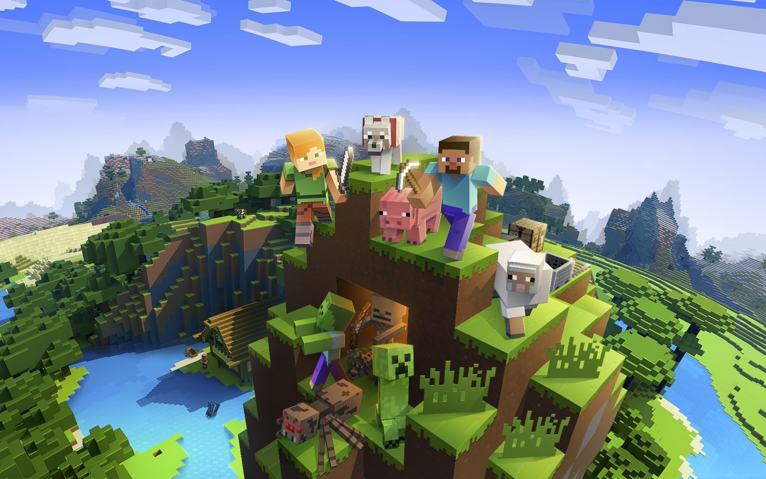 Steve from Minecraft, Alex from Minecraft, Minecraft Creeper, Minecraft blocky mountain biome, HD Desktop wallpaper