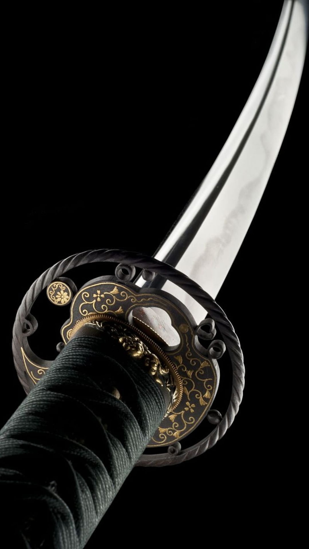 Japanese katana blade, Gold-inlaid tsuba handguard, Black wrapped tsuka, Full HD Phone wallpaper