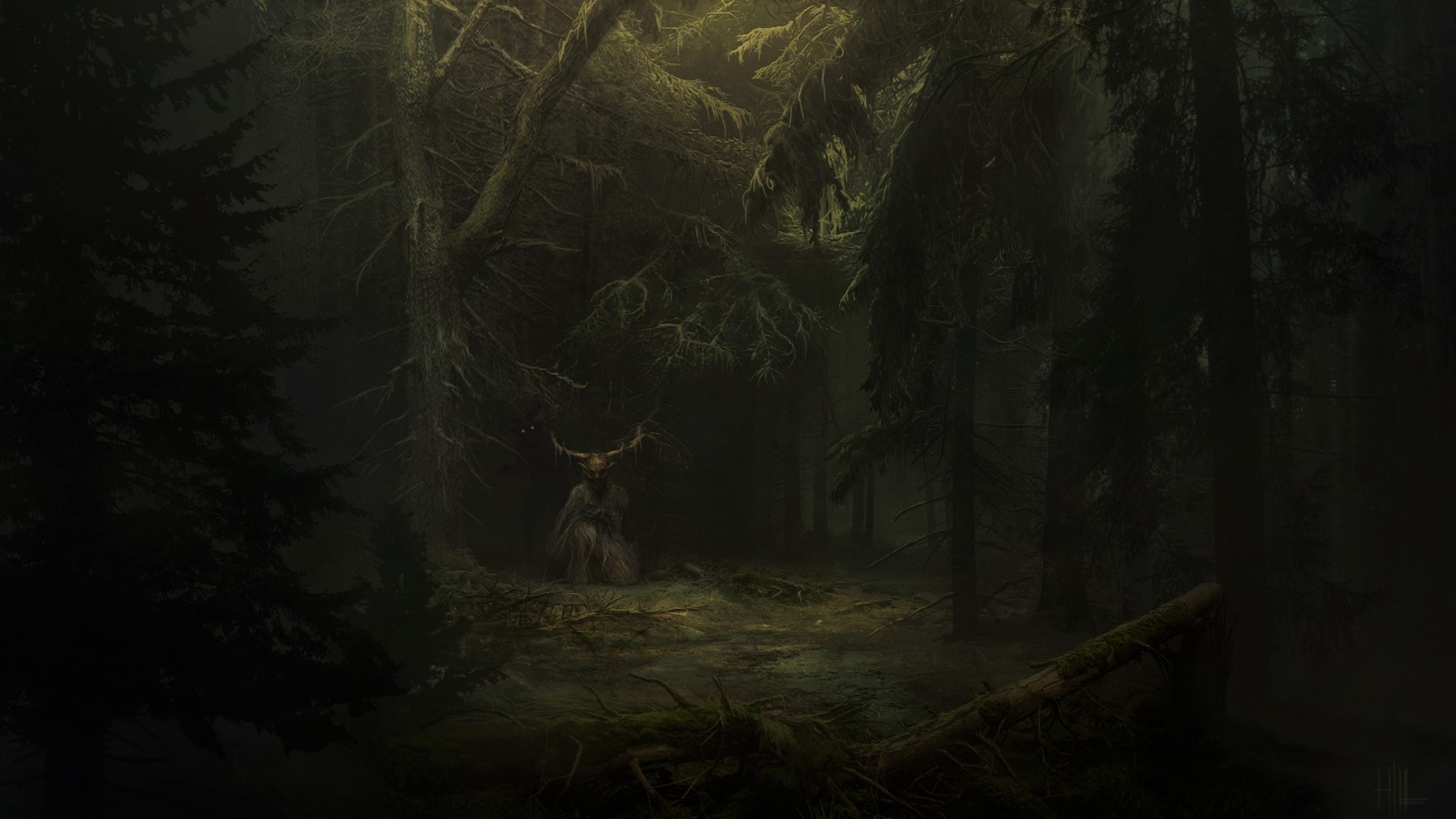 antlered forest spirit, dark pine forest, mossy fallen log, Full HD Desktop wallpaper
