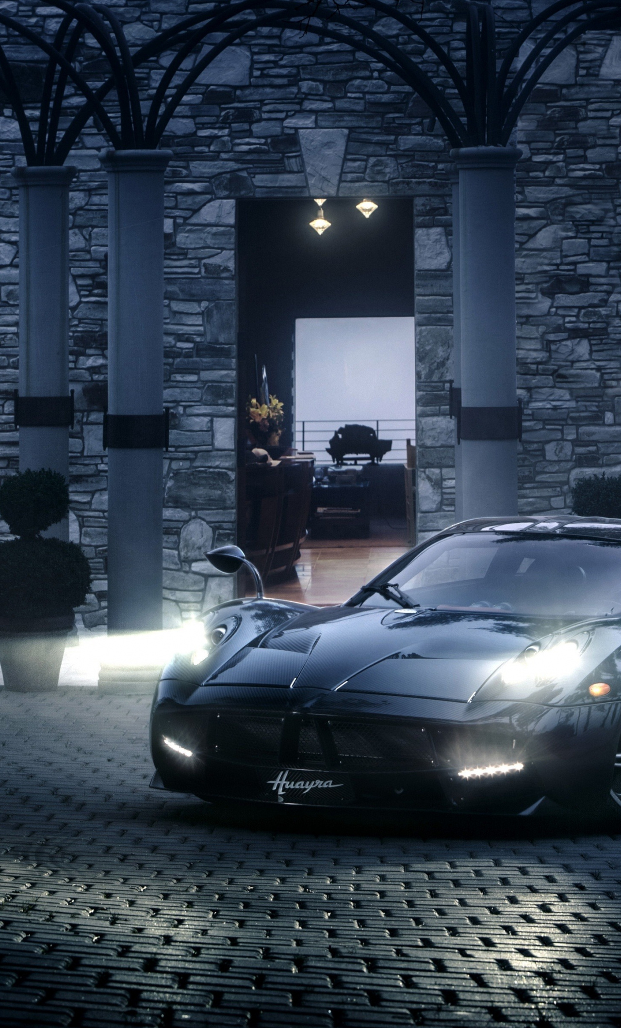 Pagani Huayra, Stone portico entrance, Illuminated headlights, HD Phone wallpaper