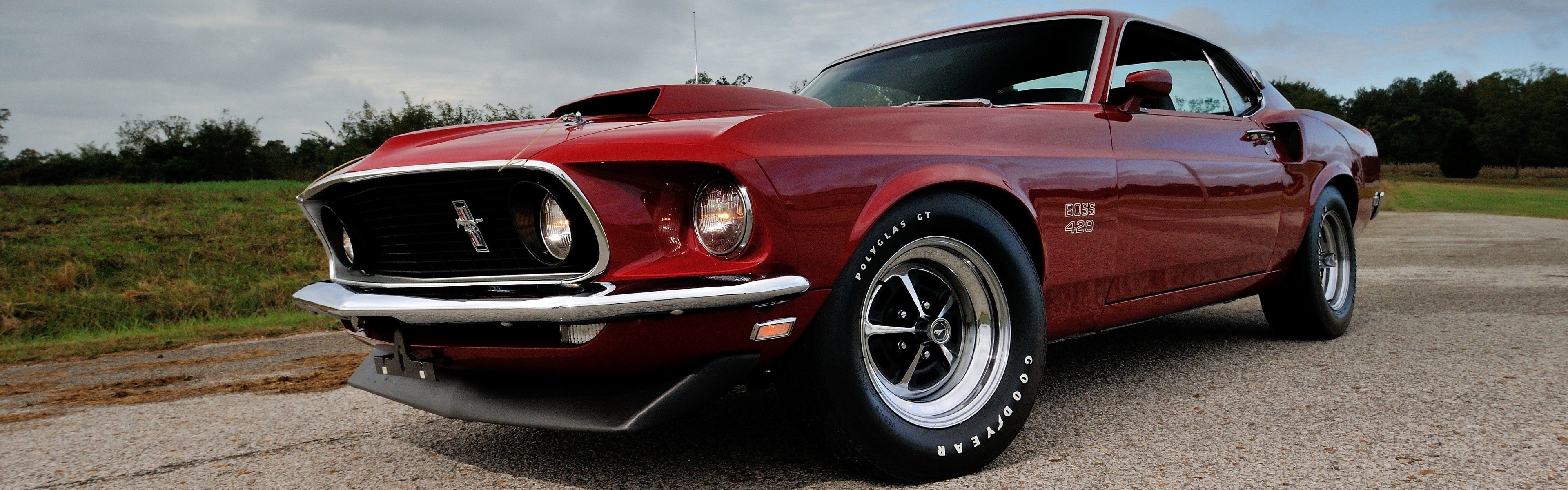 1969 Ford Mustang Boss 429, Goodyear Polyglas GT tires, Vintage maroon muscle car, Dual Screen Desktop wallpaper