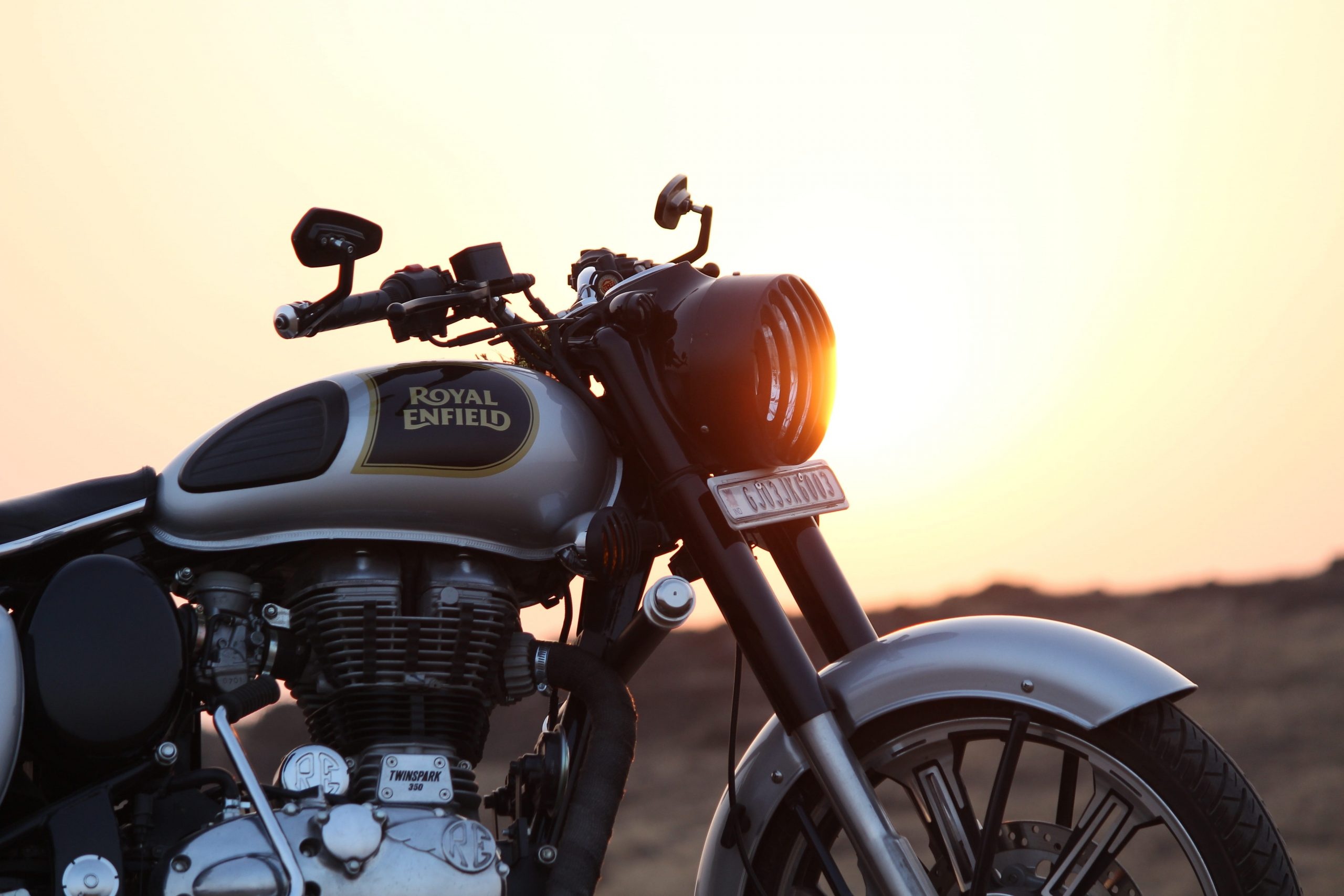 Royal Enfield Classic 350, Twinspark 350 engine, golden hour sunset, HD Desktop wallpaper