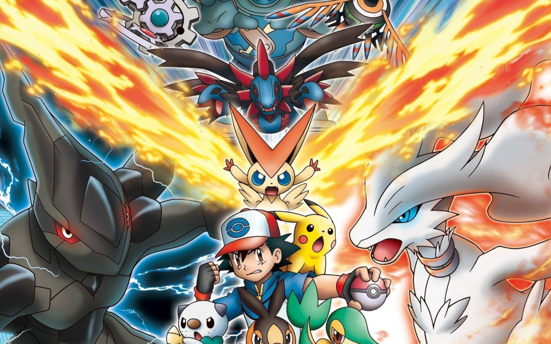 Ash Ketchum, Pikachu, Victini, Reshiram, Zekrom, HD Desktop wallpaper