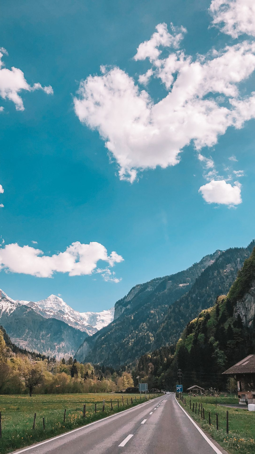 Swiss Alps mountain road, Snow-capped alpine peaks, Cumulus clouds over alpine valley, Full HD Phone wallpaper