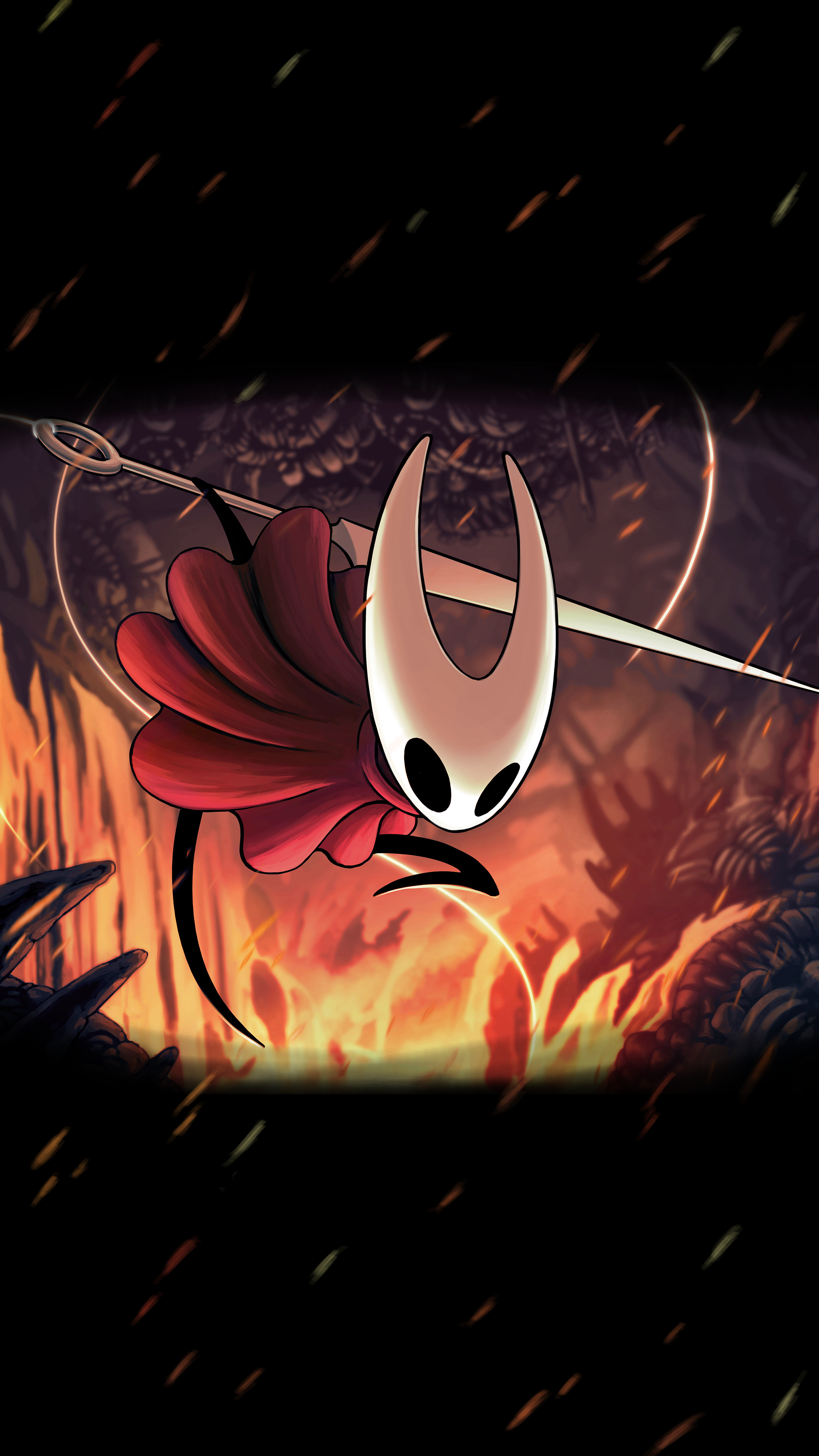 Hornet (Hollow Knight), Hornet's needle, fiery background with embers, 4K Phone wallpaper