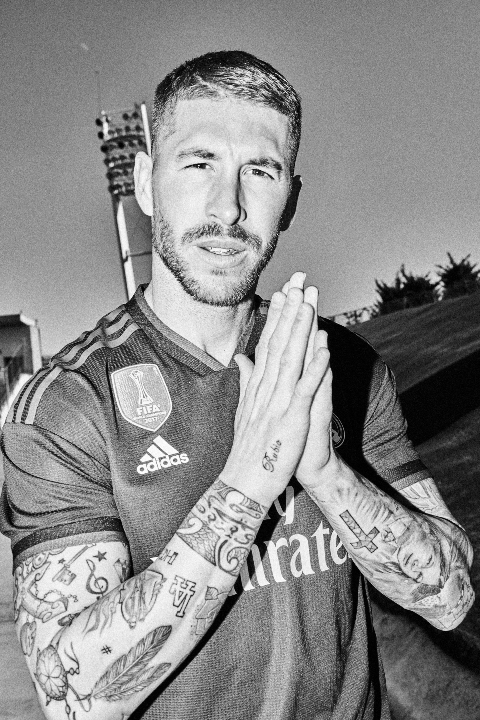 Sergio Ramos, Real Madrid jersey, arm tattoos, HD Phone wallpaper