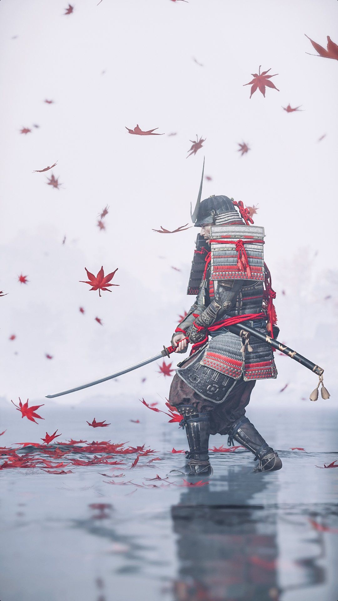 Jin Sakai, Ghost of Tsushima, Falling red maple leaves, Full HD Phone wallpaper