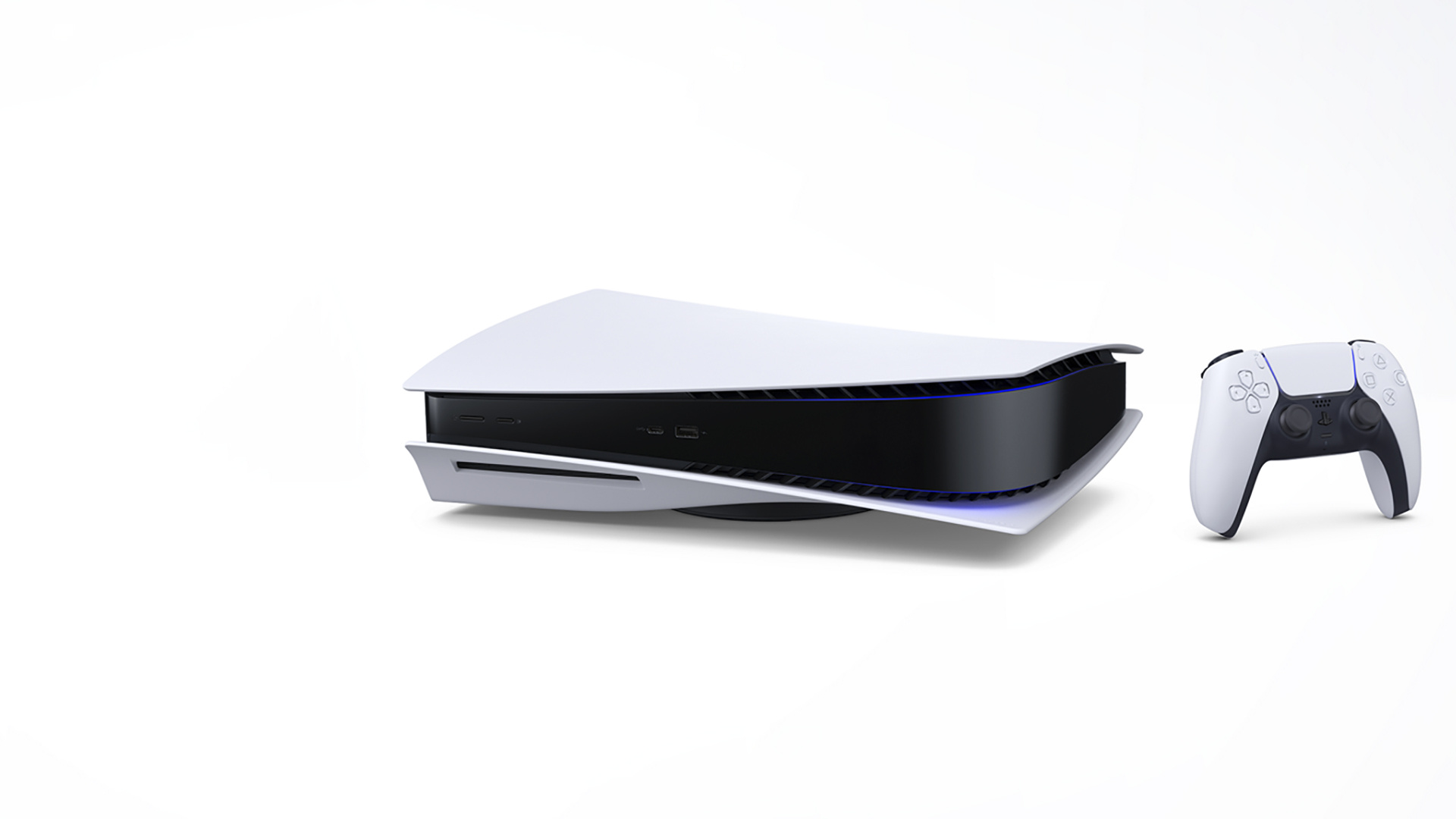 Horizontal PlayStation 5 console, DualSense wireless controller, Disc drive slot, Full HD Desktop wallpaper