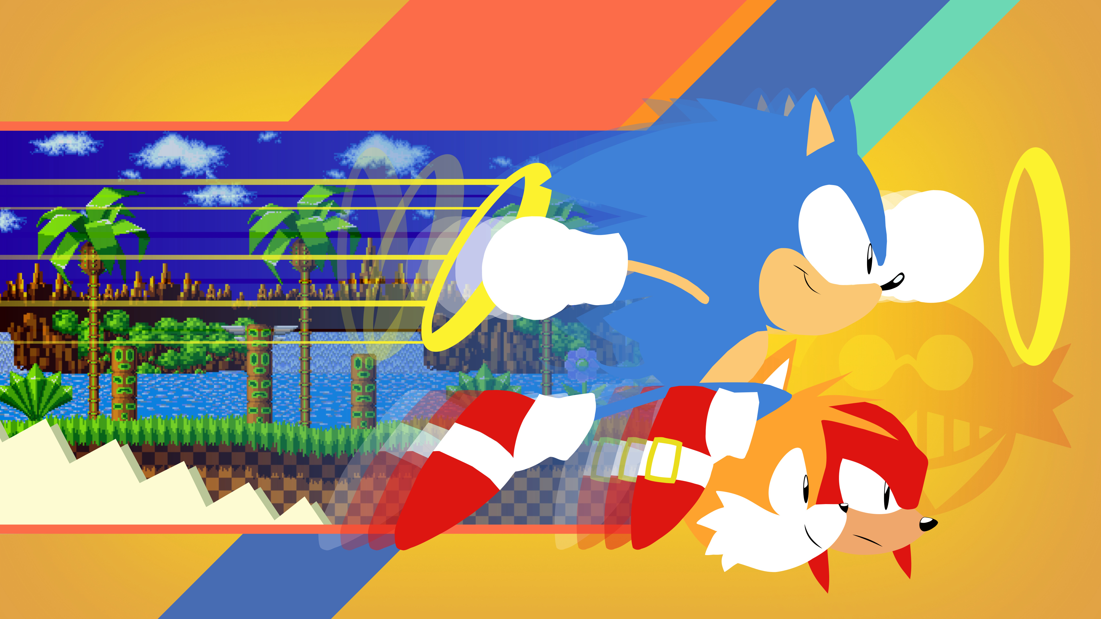 Sonic the Hedgehog head, Miles Tails Prower, Knuckles the Echidna, Green Hill Zone pixel art, Golden rings, 4K Desktop wallpaper