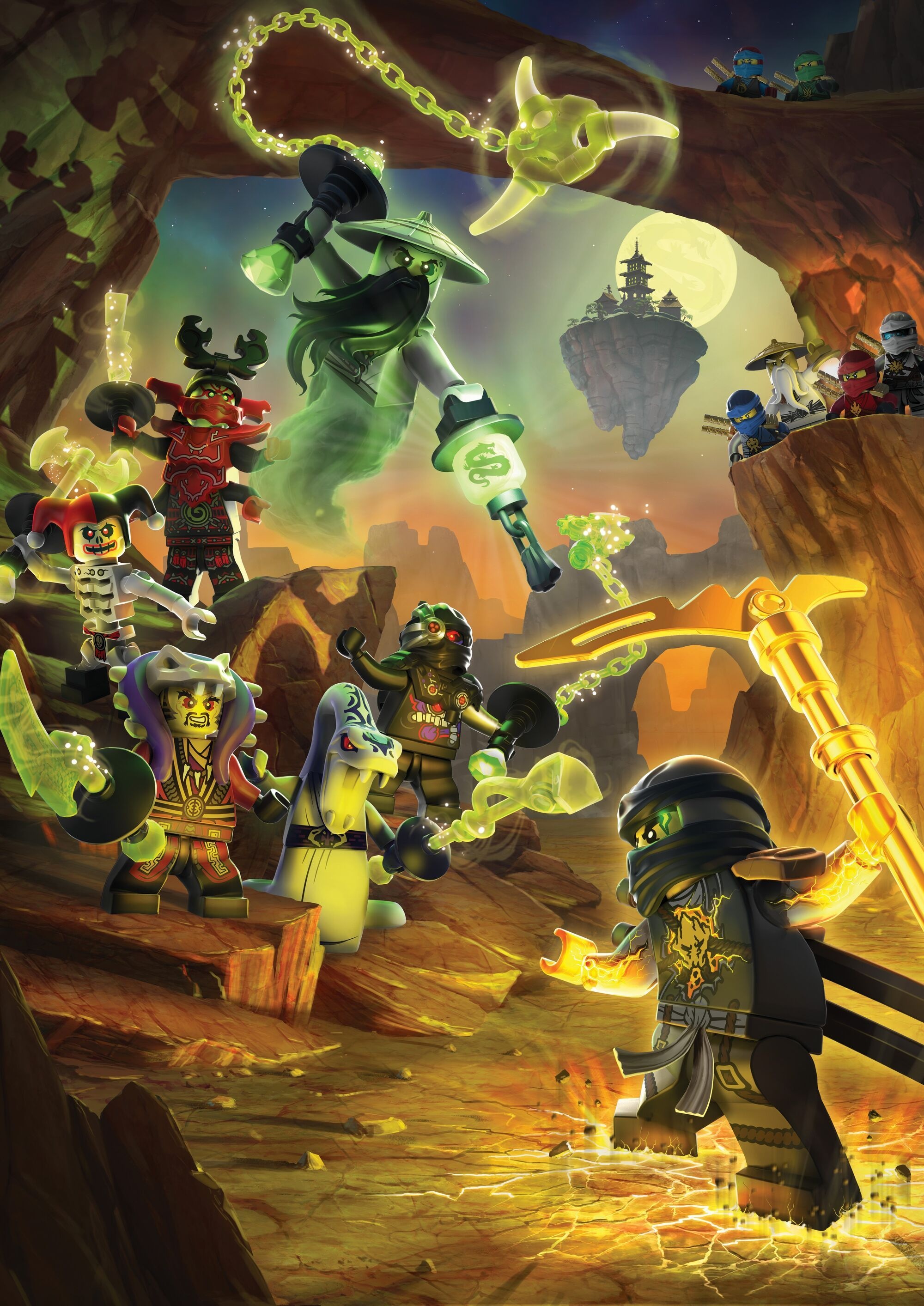 Pythor P. Chumsworth, Black-clad ninja with scythe, Ghost warriors in canyon, Floating Ninjago temple, Ninja team on ledge, HD Phone wallpaper