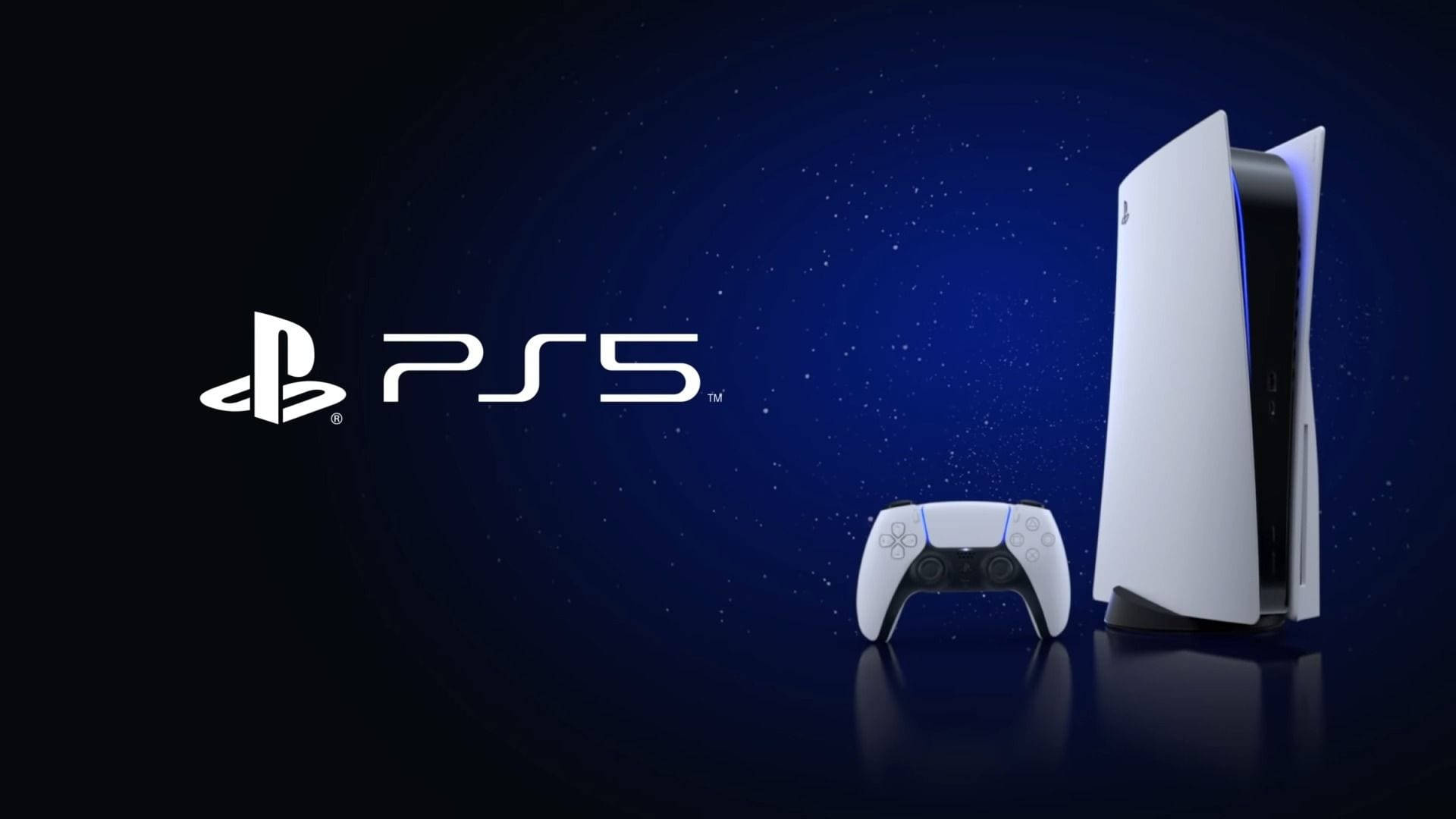 PlayStation 5 console, DualSense wireless controller, PS5 logo lettering, Dark blue starfield backdrop, Full HD Desktop wallpaper