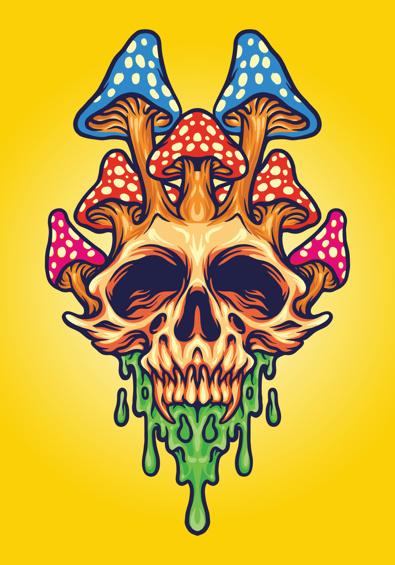 Fly agaric mushroom crown, Green slime dripping jaw, Yellow gradient field, HD Phone wallpaper
