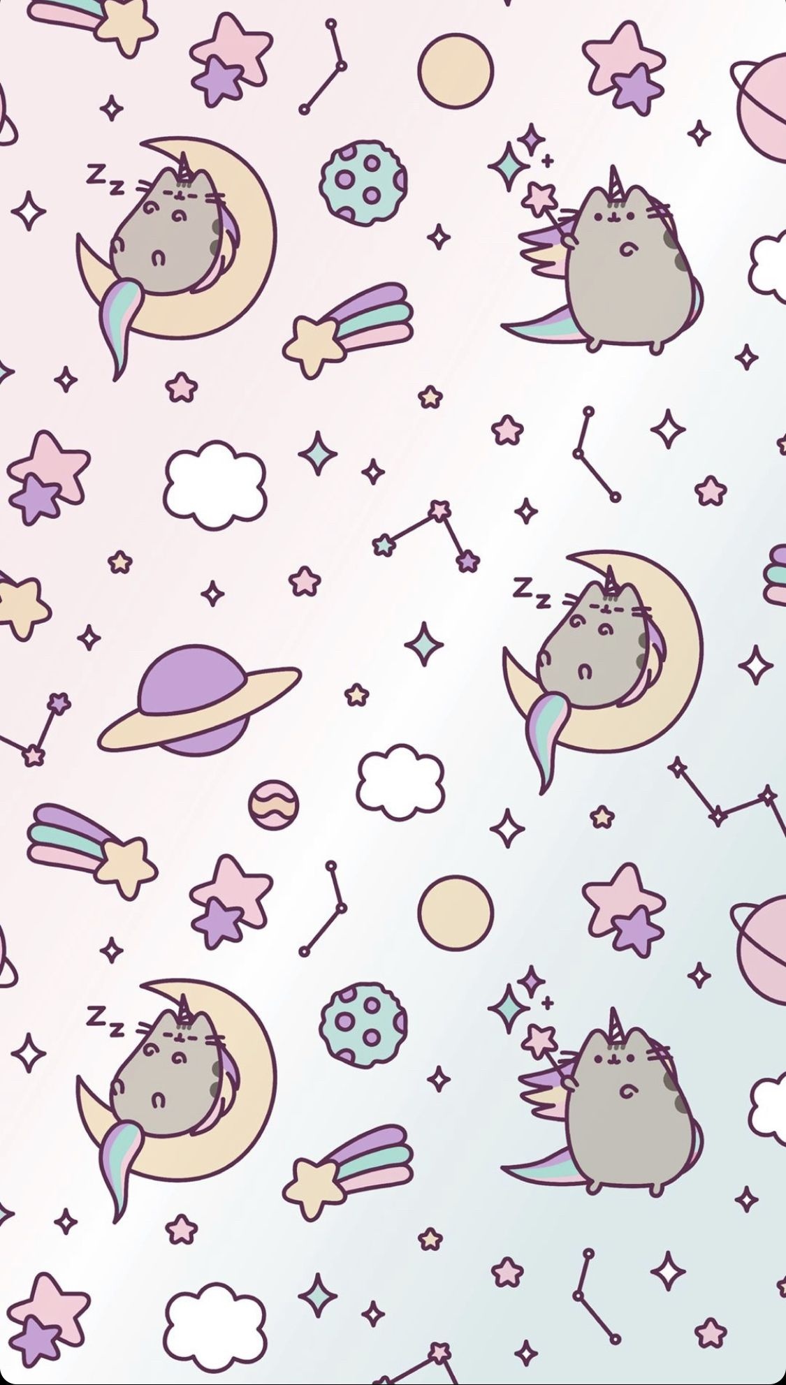 Pusheenicorn illustration, Pastel celestial pattern, Crescent moon and planets, HD Phone wallpaper