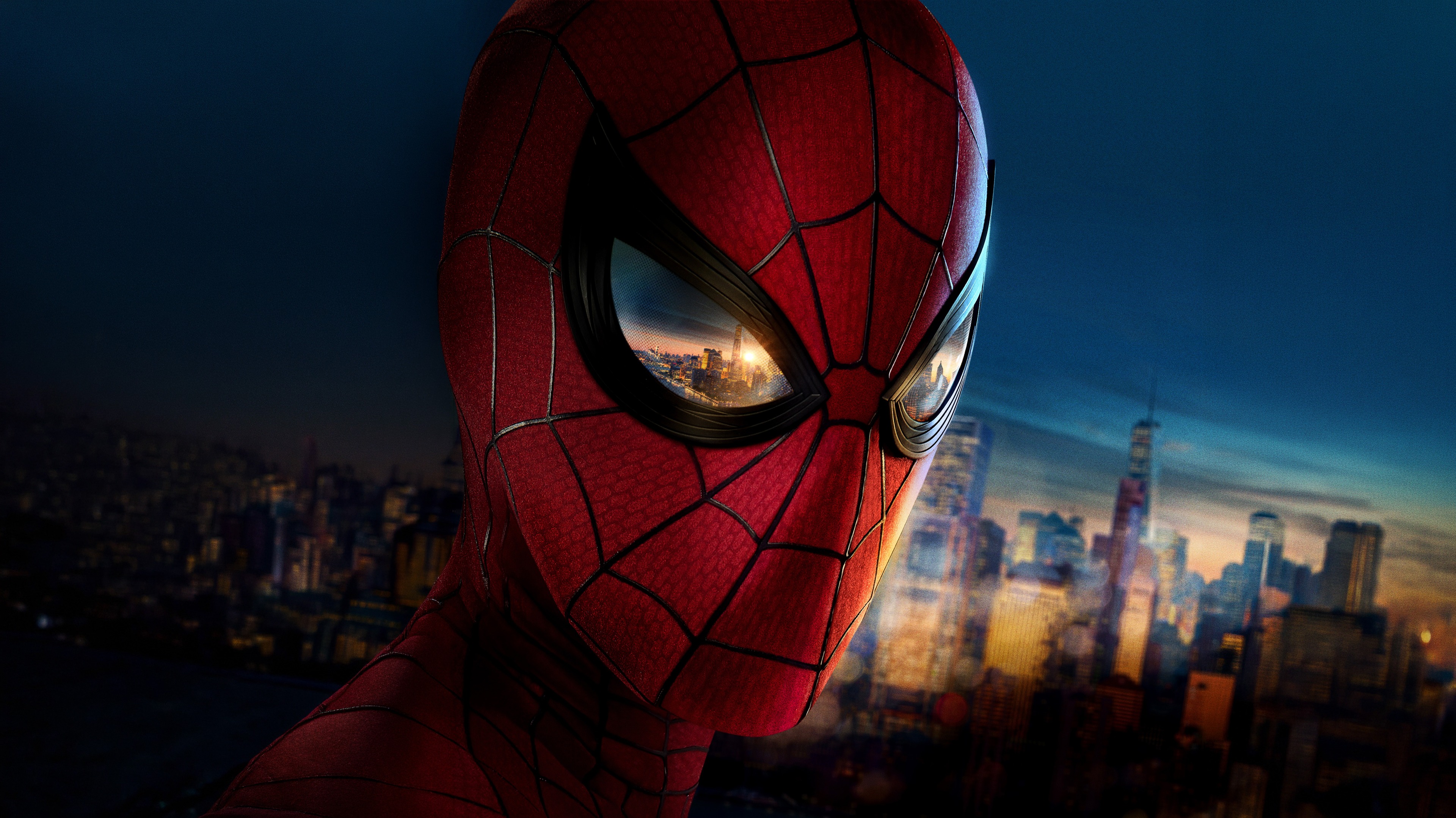 Homecoming, Red textured webbed mask, Cityscape reflection in eyepieces, Blurred evening city skyline, 4K Desktop wallpaper