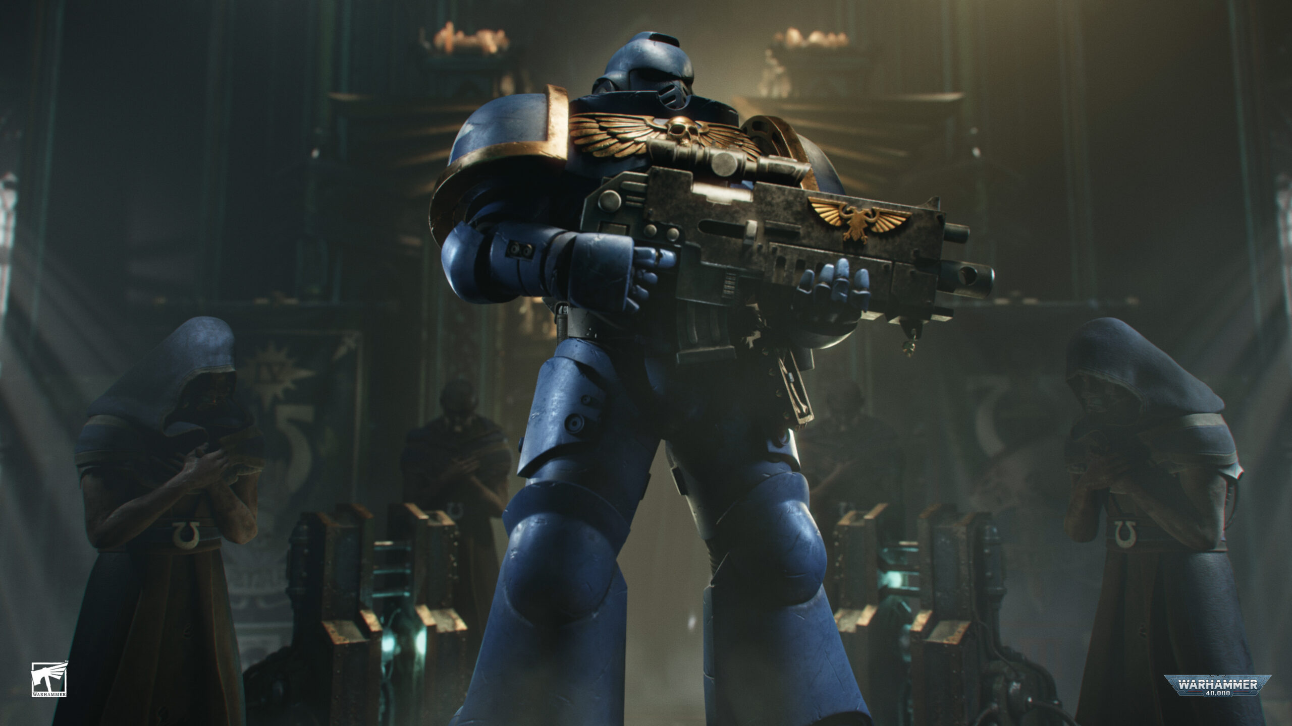 Ultramarines Space Marine, Imperial Aquila bolt rifle, Ultramarines robed chapter serfs, HD Desktop wallpaper
