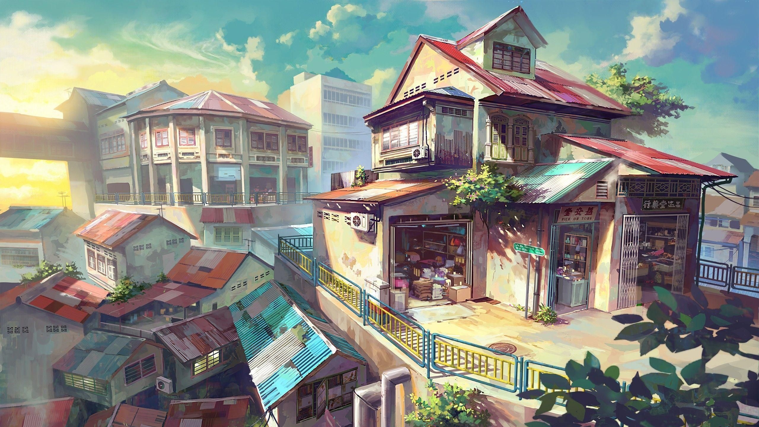 Southeast Asian shophouse architecture, corrugated metal roof buildings, Chinese storefront signage, HD Desktop wallpaper