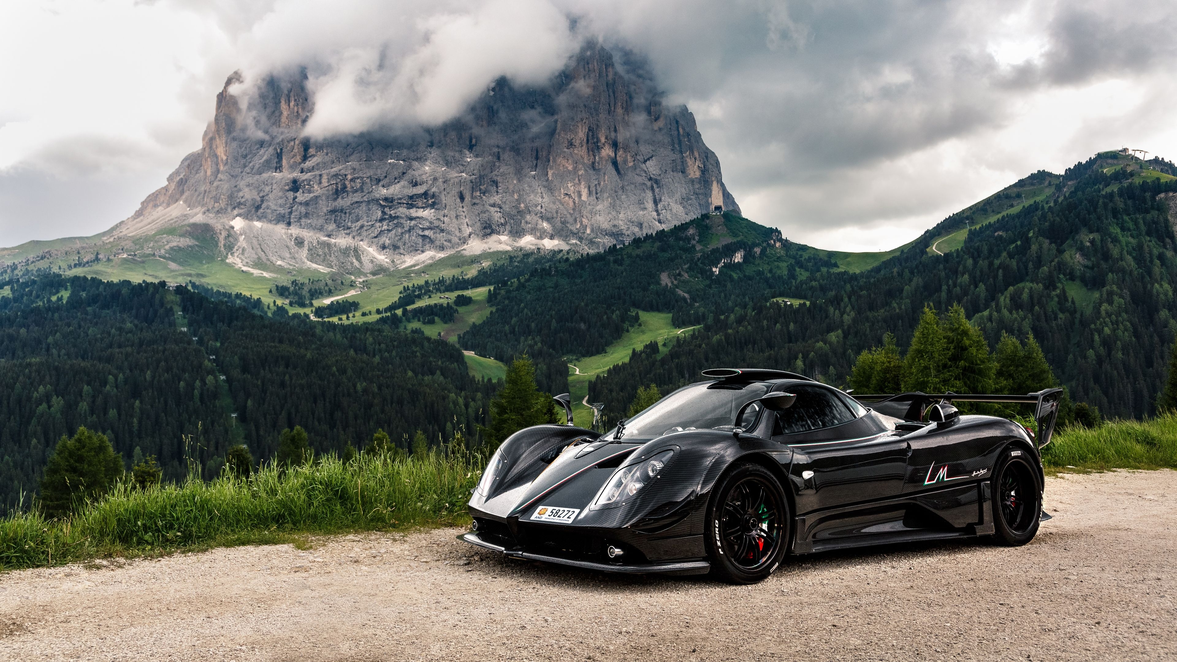Pagani Zonda LM, Sassolungo Dolomites, exposed carbon fiber, 4K Desktop wallpaper