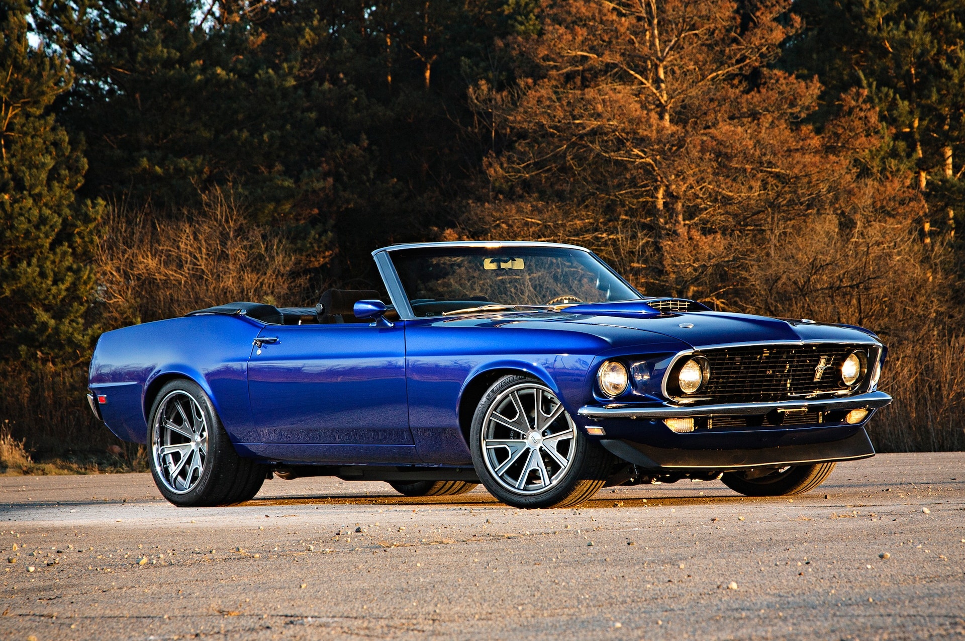 1969 Ford Mustang Convertible, Custom modern alloy wheels, Autumn forest background, HD Desktop wallpaper