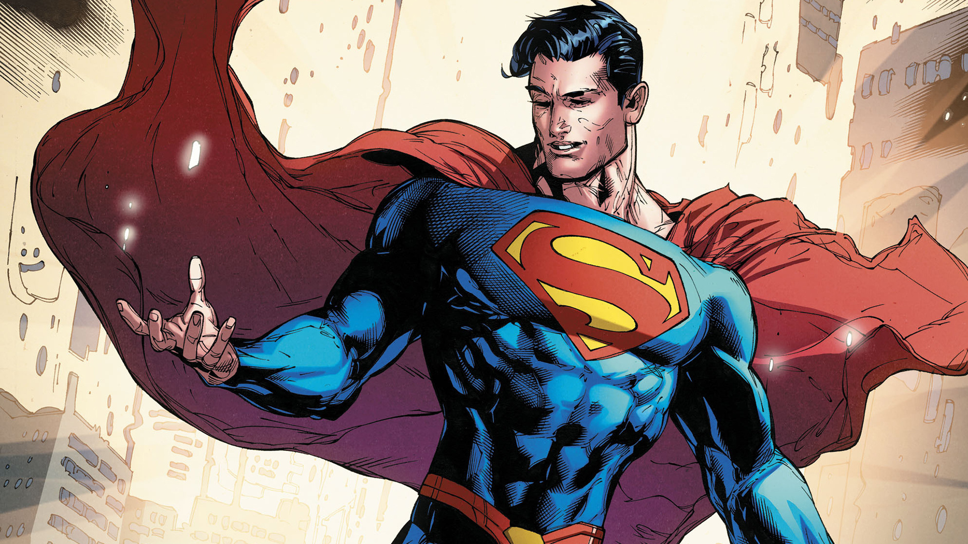 Superman, Superman S-shield emblem, Metropolis cityscape background, Full HD Desktop wallpaper