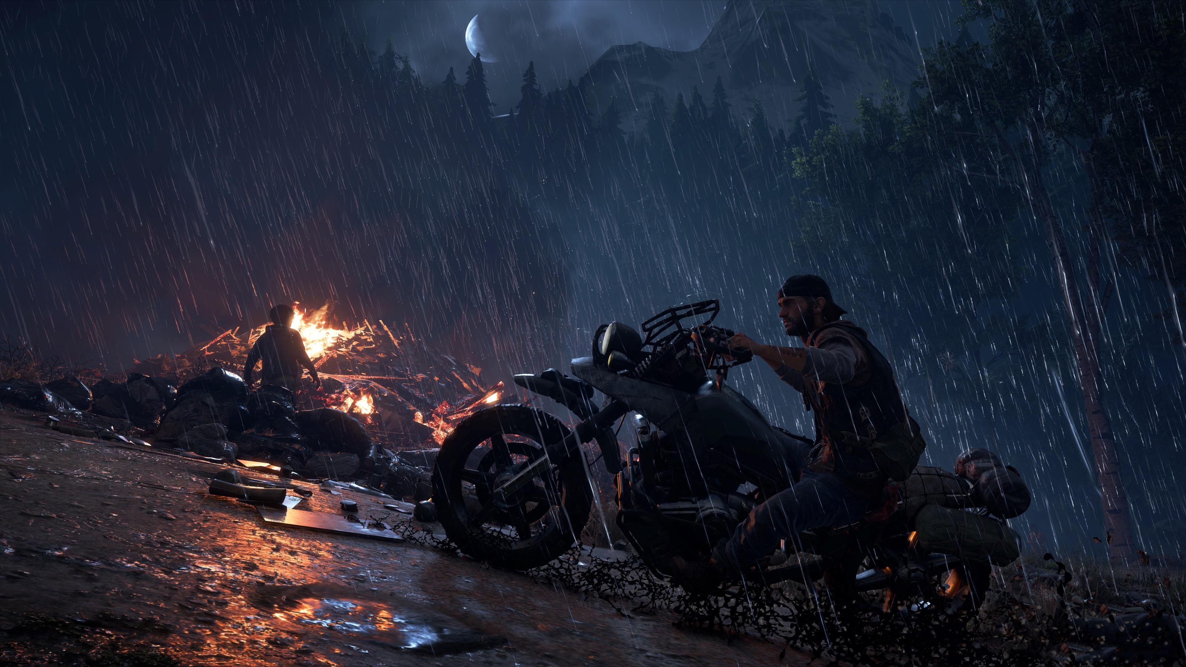 Deacon St. John, custom Drifter bike, burning bonfire in rain, 4K Desktop wallpaper