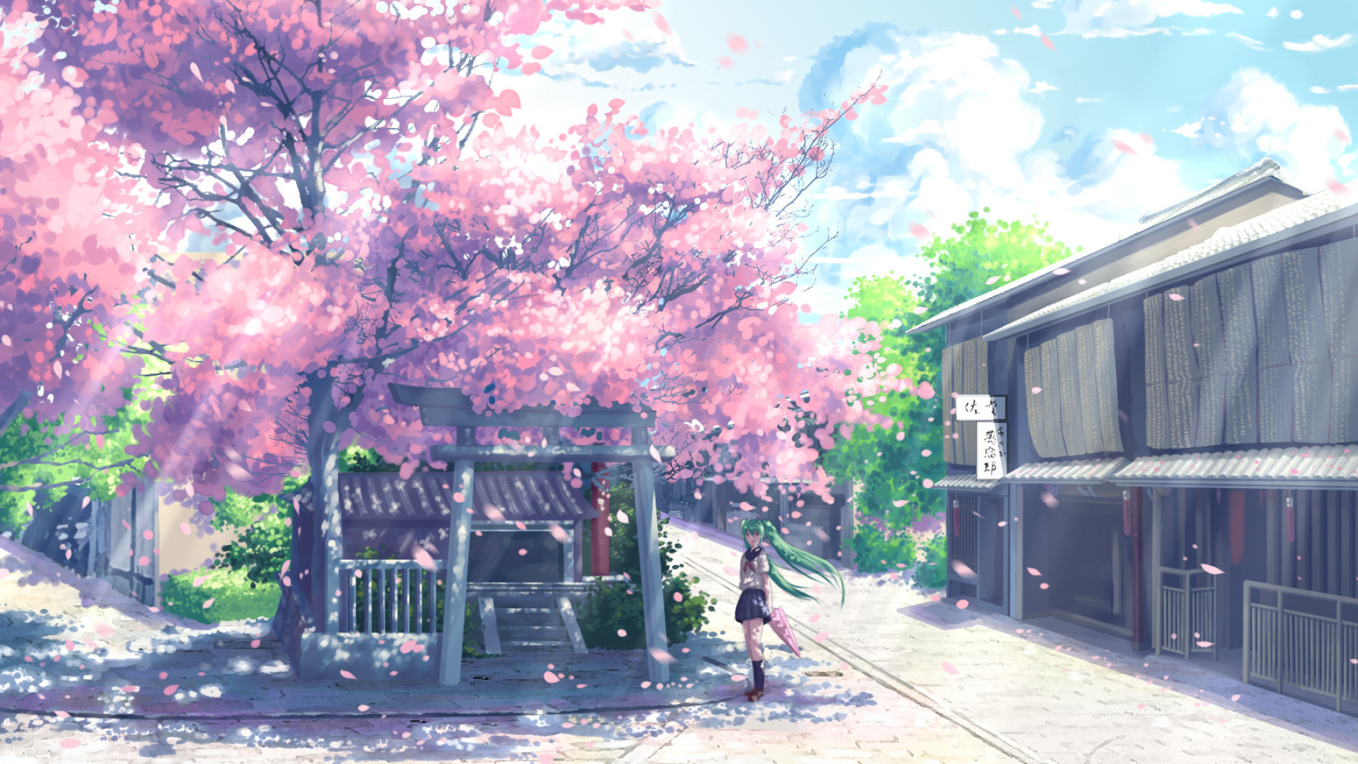 Hatsune Miku, Blooming cherry blossom tree, Stone torii gate shrine, Full HD Desktop wallpaper