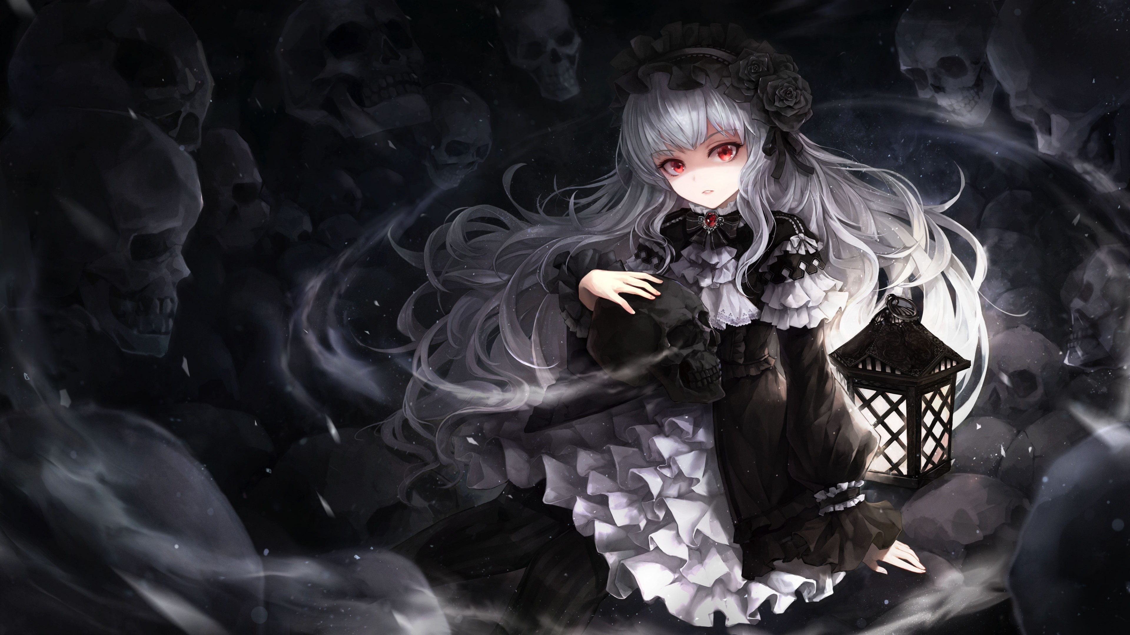 Anime girl, Gothic girl with a lantern, Black lace dress, Skulls in dark smoke, 4K Desktop wallpaper