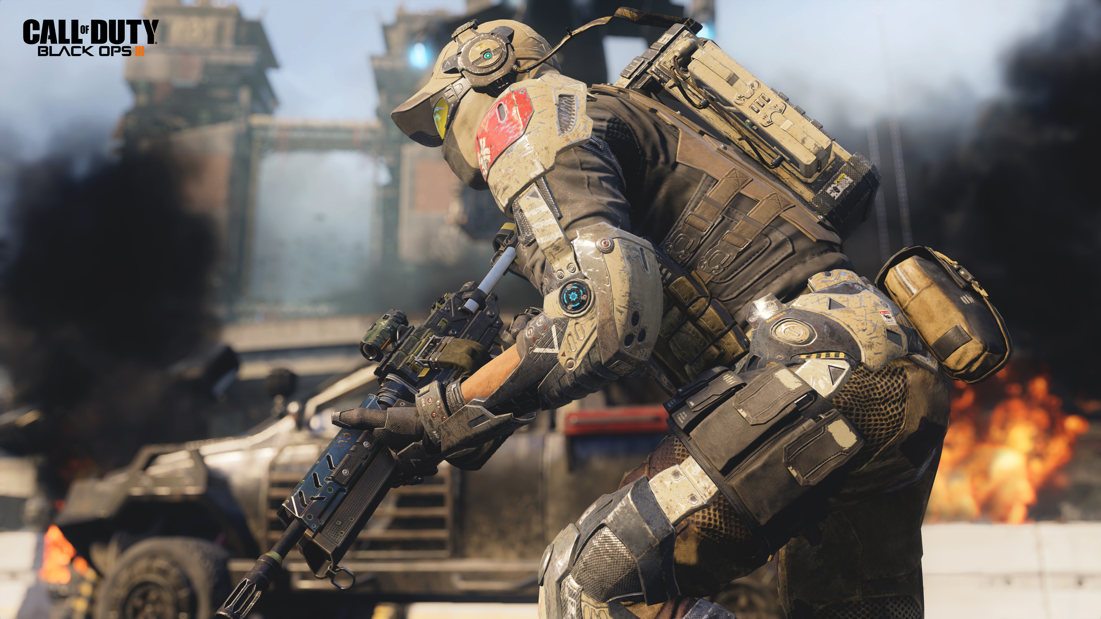 Call of Duty: Black Ops III logo, Futuristic exoskeleton soldier, Burning military combat zone, 4K Desktop wallpaper