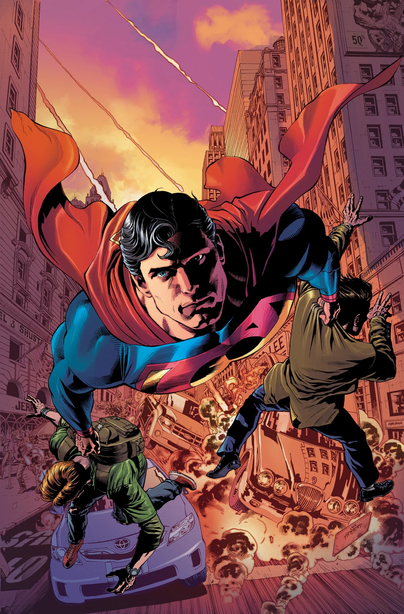 Superman, Metropolis city street, Exploding car rescue scene, HD Phone wallpaper