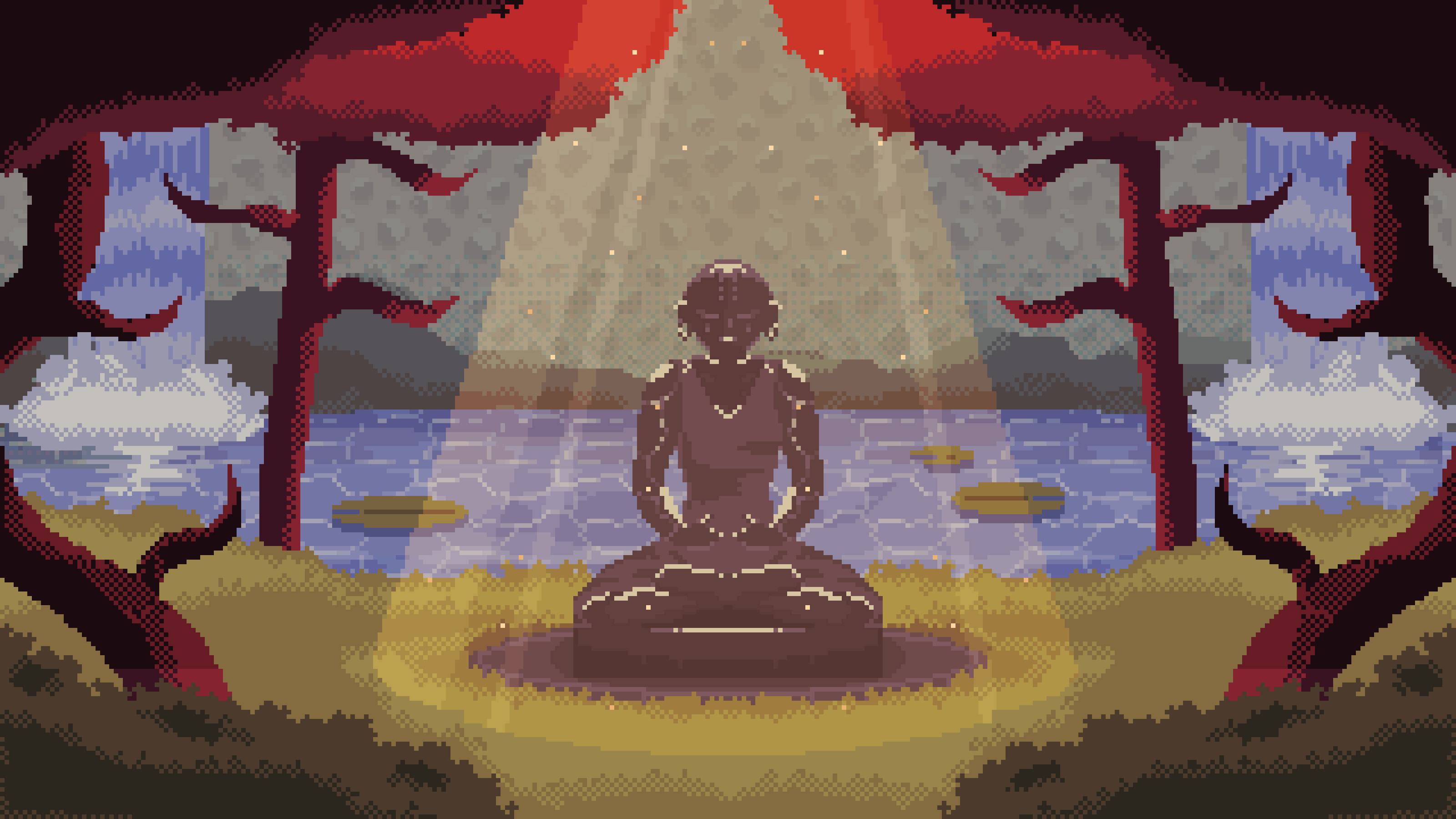 meditating stone Buddha statue, pixel art waterfalls, crimson autumn canopy, HD Desktop wallpaper