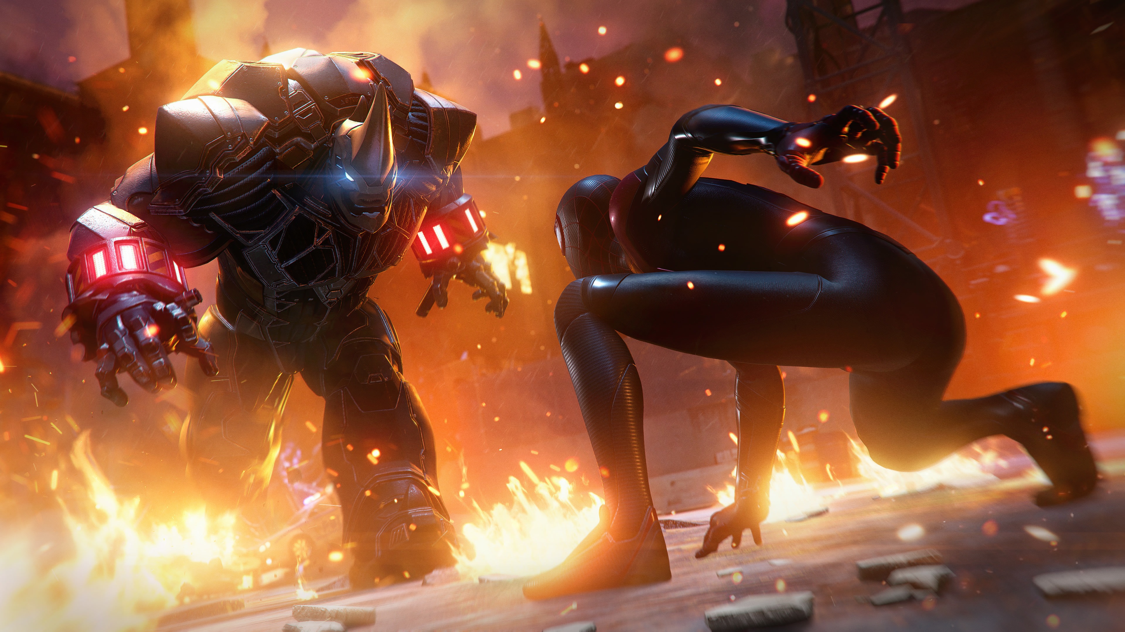 Marvel's Spider-Man, Horned mechanical armor, Miles Morales, Rhino, Burning city street, Glowing fiery backdrop, 4K Desktop wallpaper