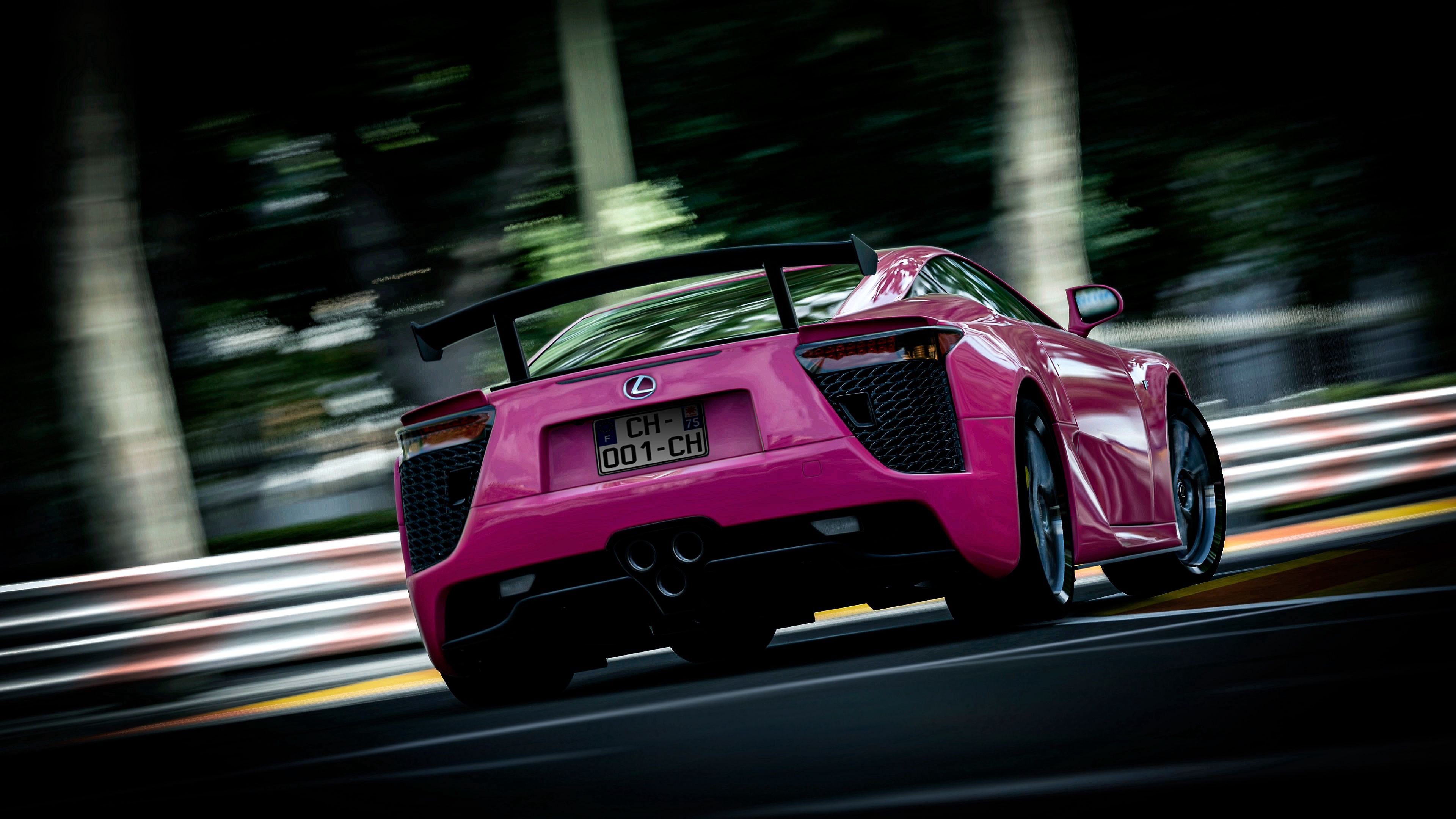pink Lexus LFA, CH-001-CH license plate, race track motion blur, 4K Desktop wallpaper