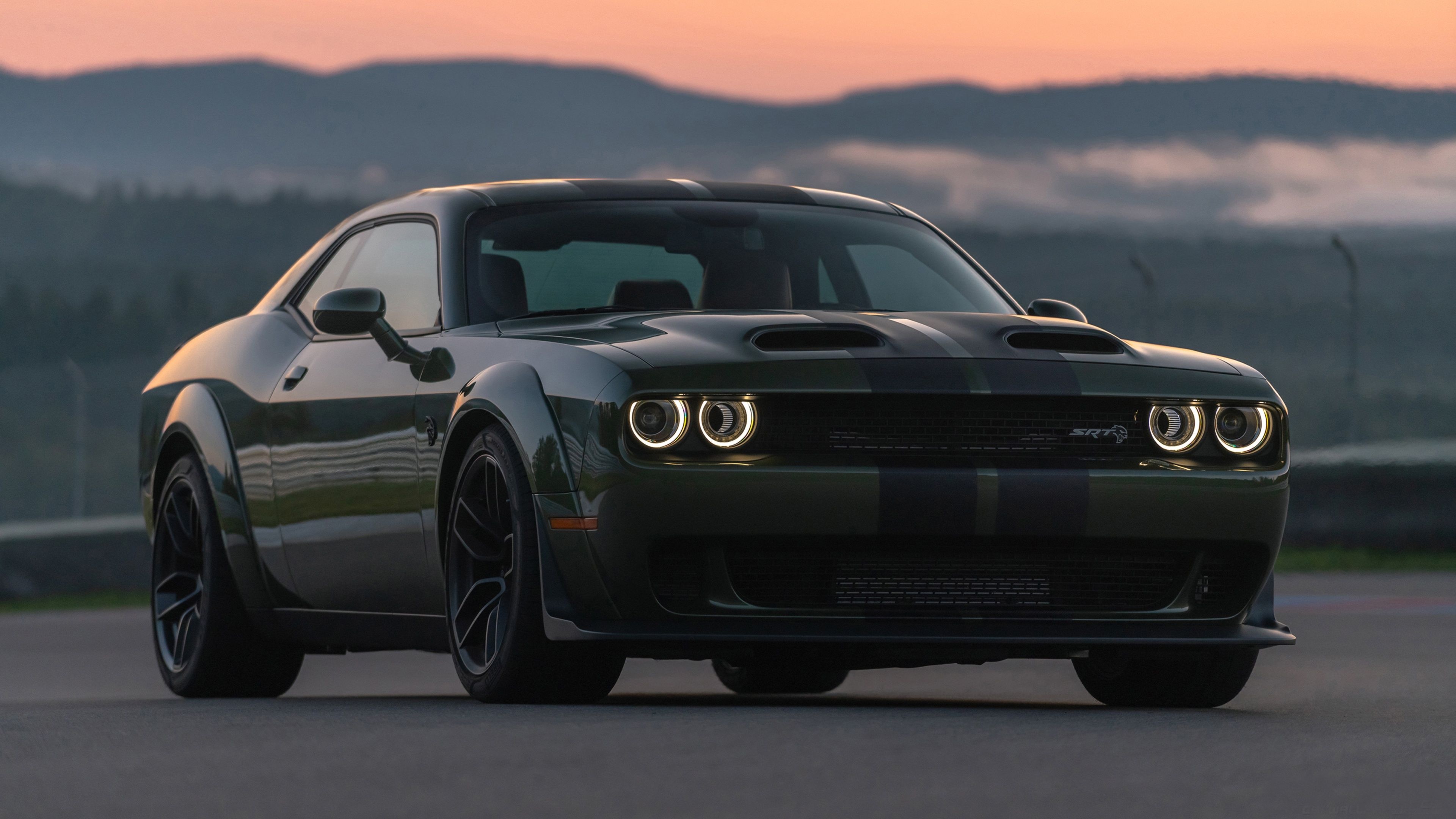 Dodge Challenger SRT Hellcat Widebody, racetrack at dawn, dual snorkel hood scoops, 4K Desktop wallpaper