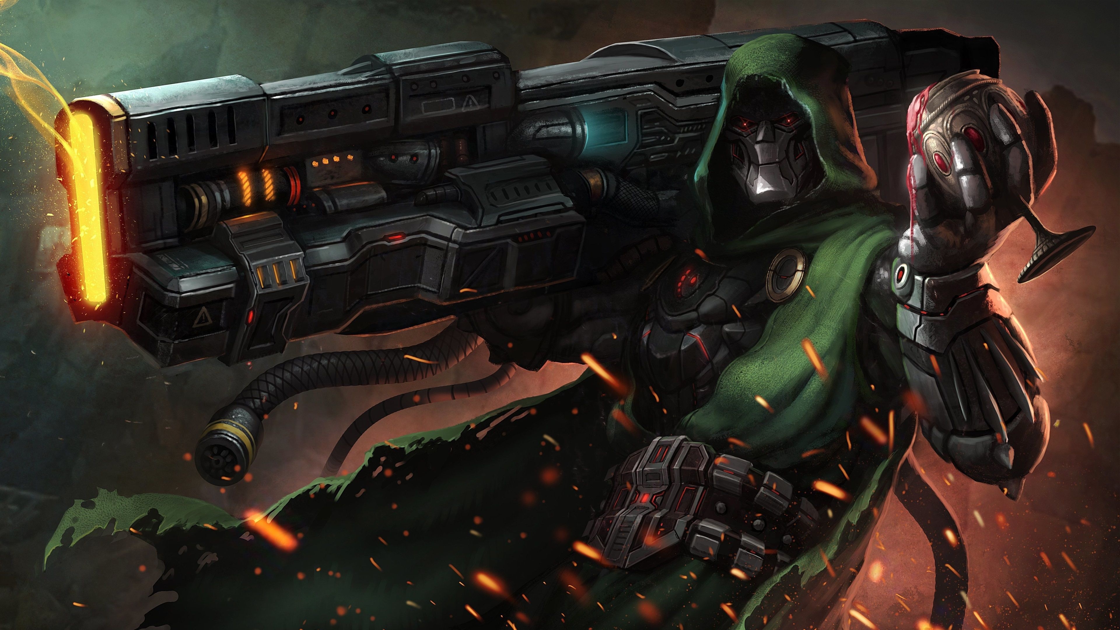 Doctor Doom, massive sci-fi cannon, metal goblet with blood, 4K Desktop wallpaper