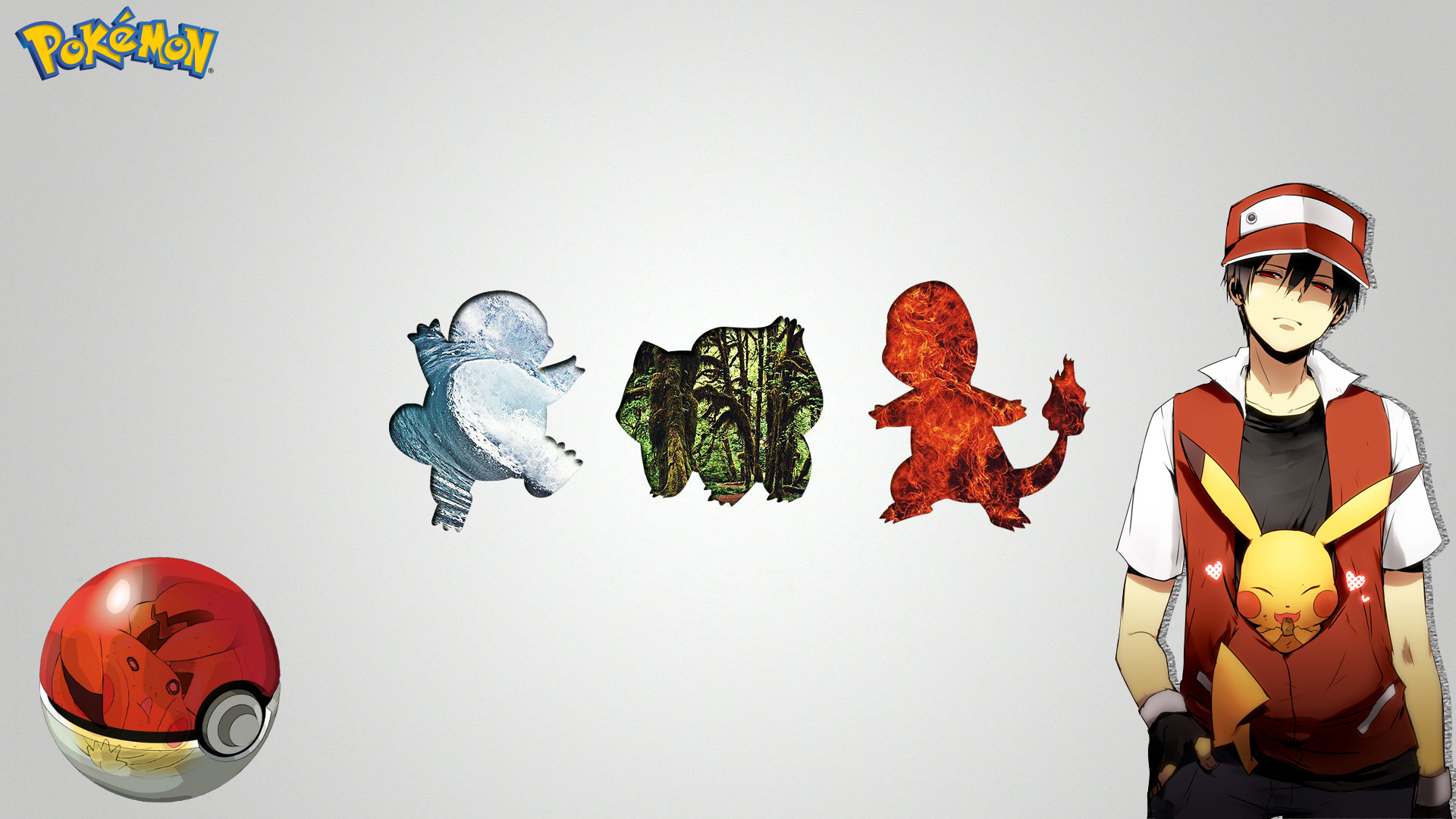Pokemon Trainer Red, Pikachu, Kanto starter silhouettes, Poke Ball, Pokemon logo, Full HD Desktop wallpaper