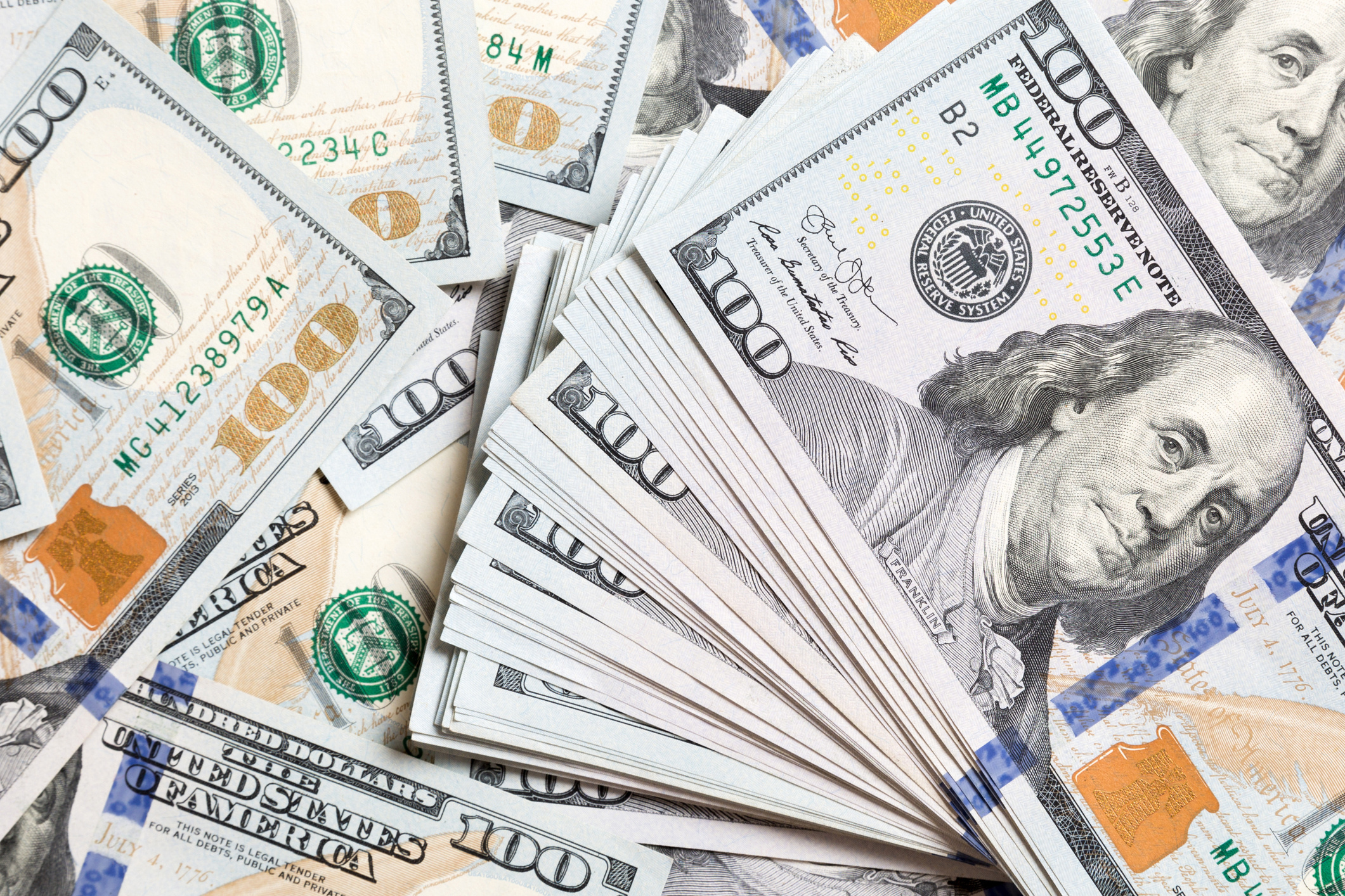 US hundred dollar bills, Benjamin Franklin portrait, Fanned banknote stack, HD Desktop wallpaper