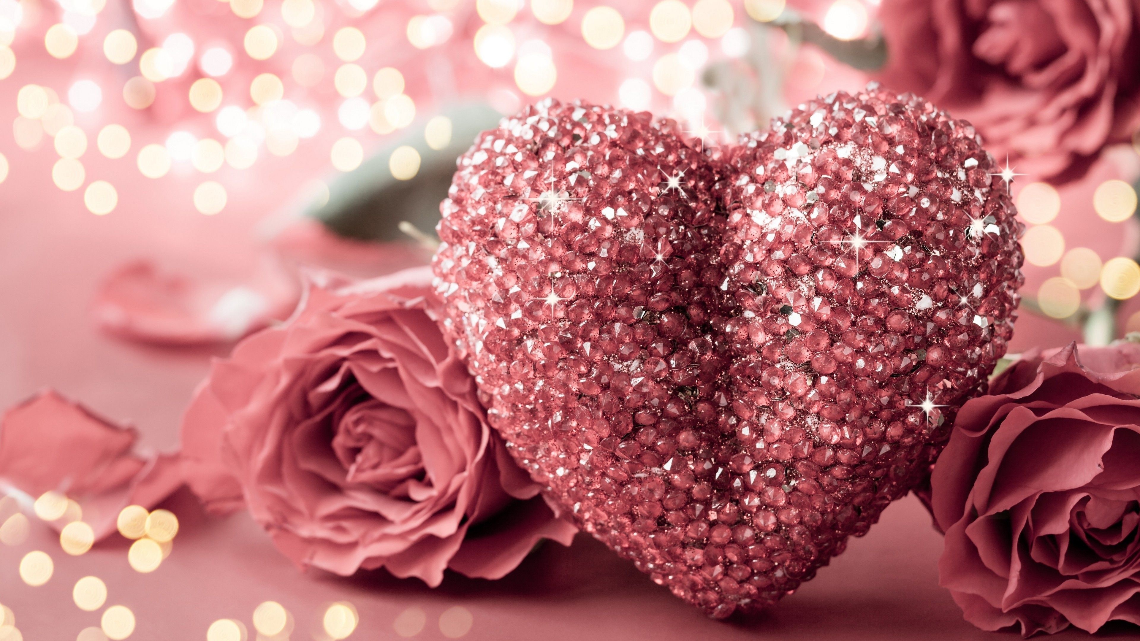 glittering pink rhinestone heart, blooming dusty pink roses, golden bokeh fairy lights, 4K Desktop wallpaper