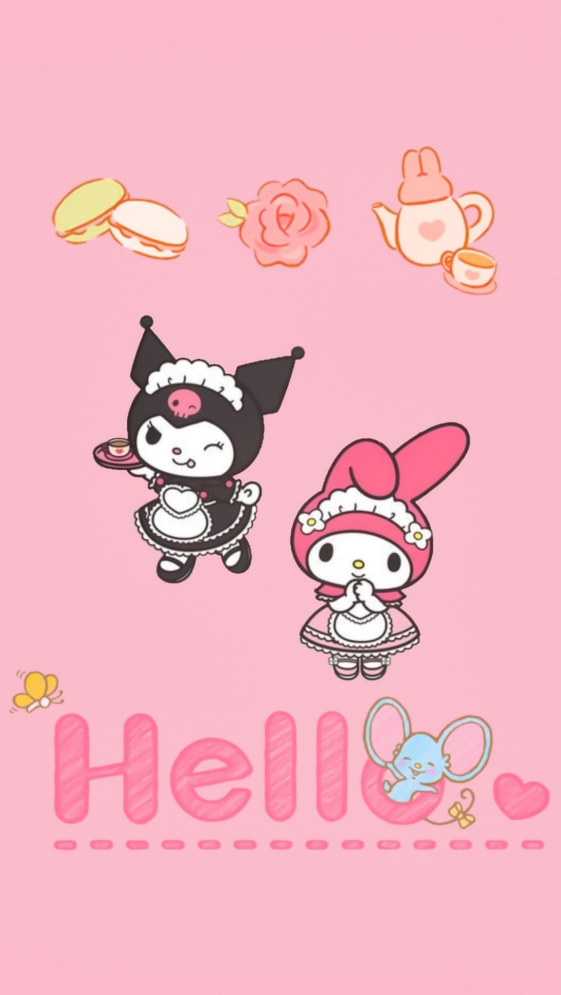 My Melody maid outfit, Kuromi maid outfit, Flat the mouse, Hello text lettering, HD Phone wallpaper