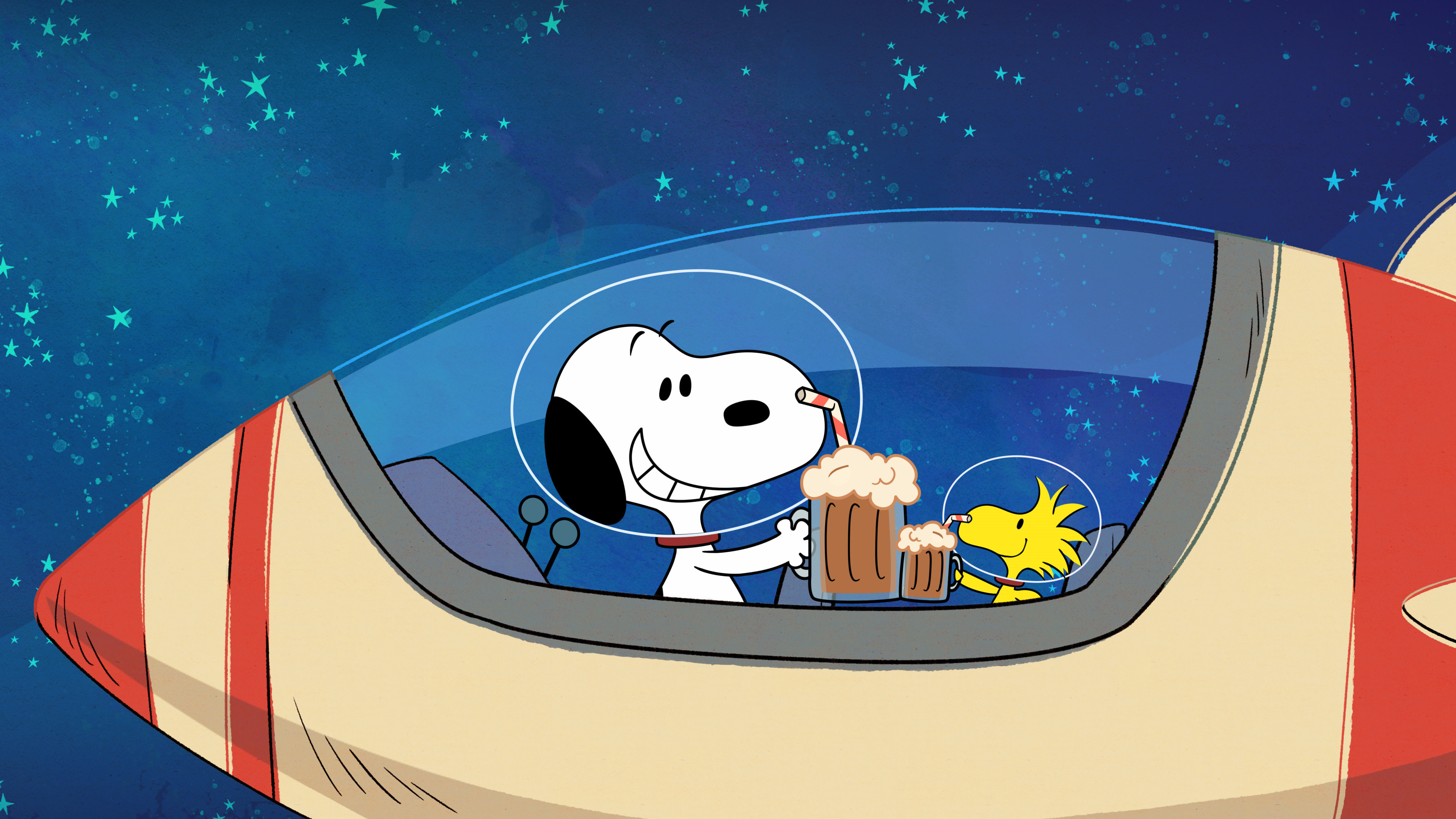 Snoopy, Woodstock, outer space rocket ship, 4K Desktop wallpaper