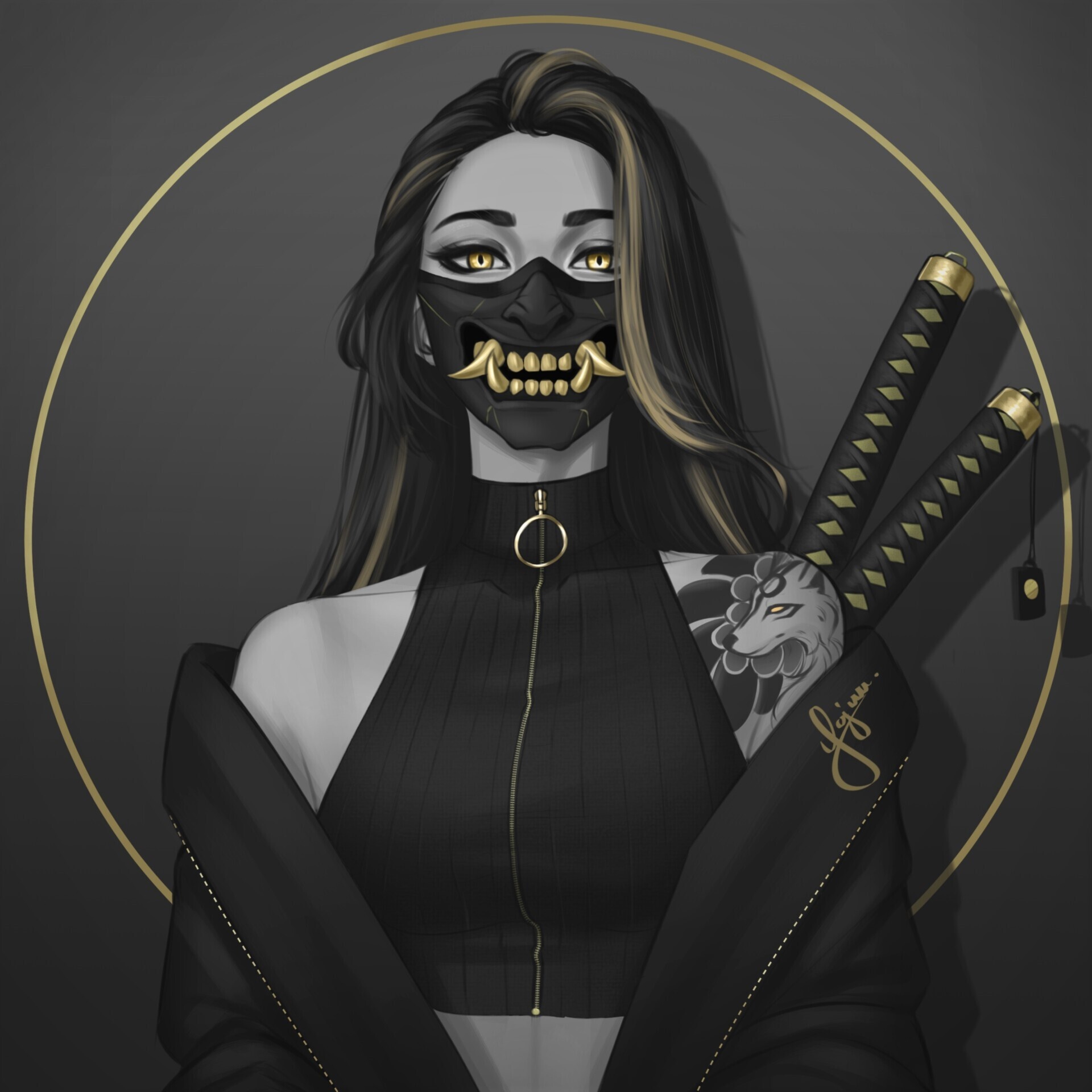 Gold-fanged Mempo mask, Dual Katana swords, Kitsune shoulder tattoo, HD Phone wallpaper