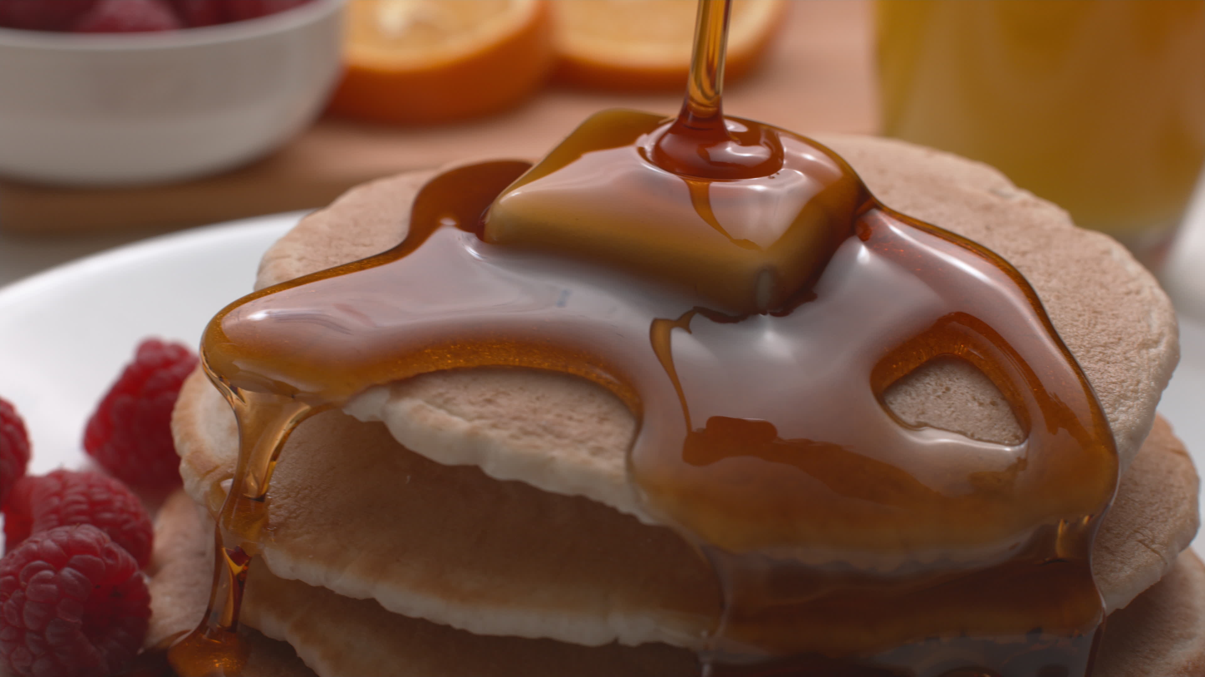 Slow-motion syrup, Pancake stack, Super slow motion, Tempting delicacy, 3840x2160 4K Desktop