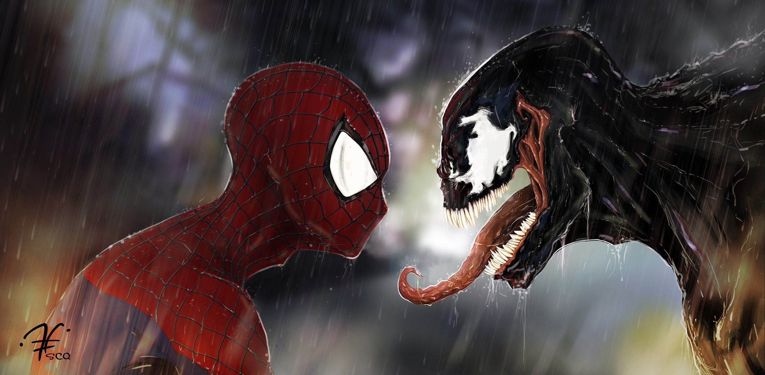 Spider-Man, Venom, Rainy face-off, Dual Screen Desktop wallpaper
