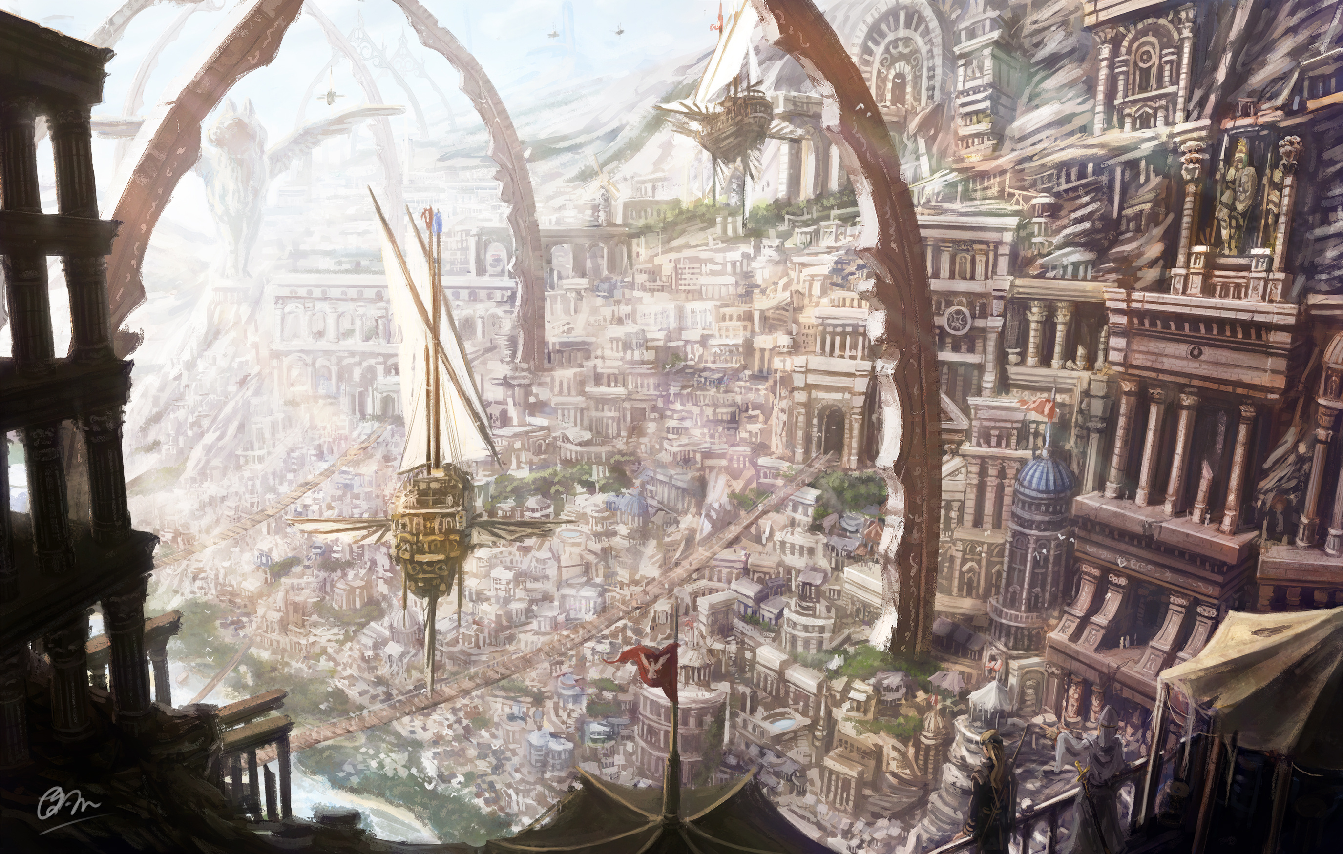 floating fantasy sailing ship, sprawling cliffside fantasy city, monumental classical stone arches, HD Desktop wallpaper