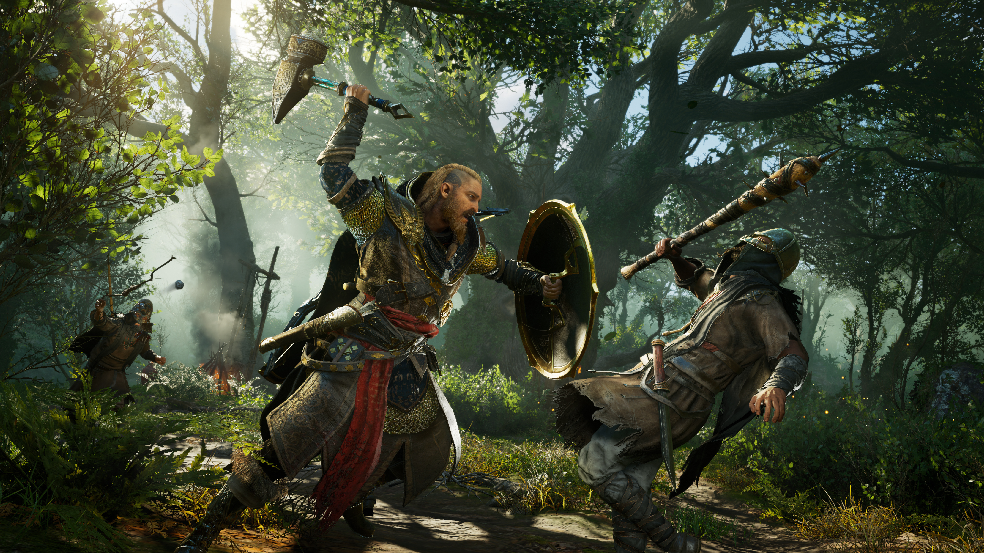 Male Eivor with war hammer, Assassin's Creed Valhalla, Sunlit lush English forest, 4K Desktop wallpaper